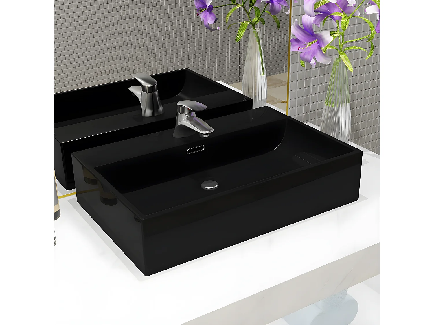 Lavabo con orificio para grifo cerámica negro 60,5x42,5x14,5 cm ES816959