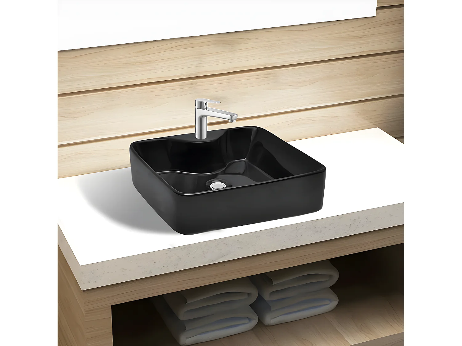 Vasque carrée à trou pour robinet céramique Noir pour salle de bain FR275936