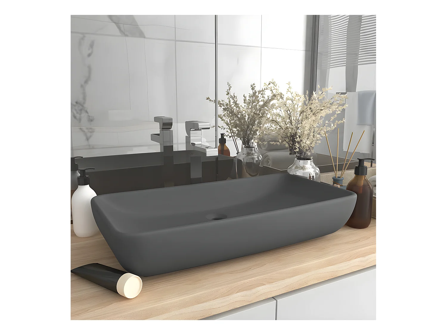 Vasque de luxe rectangulaire Gris foncé mat 71x38 cm Céramique FR682724