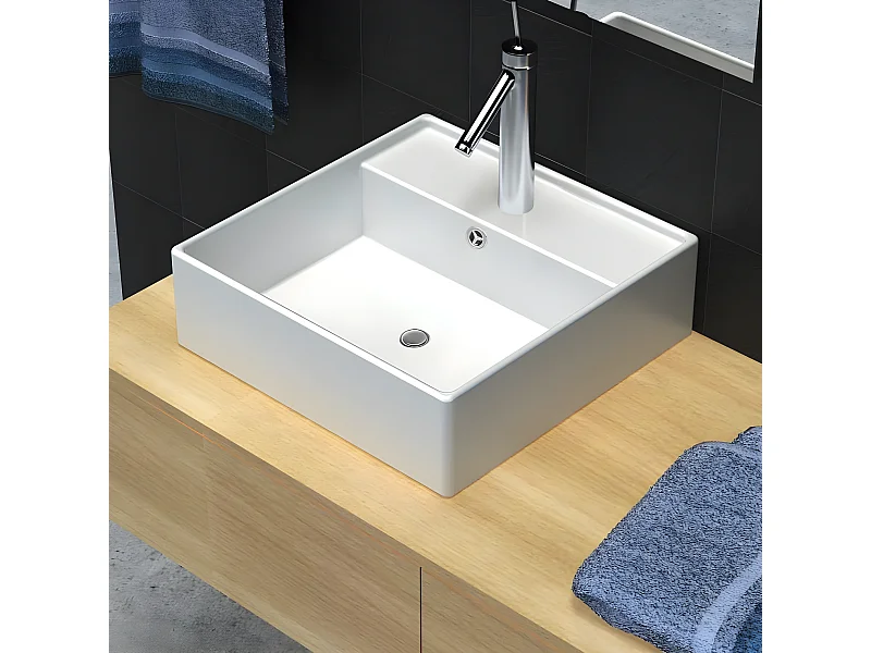 Luxe wastafel met overloop en kraangat vierkant keramiek 41x41 cm BE504434