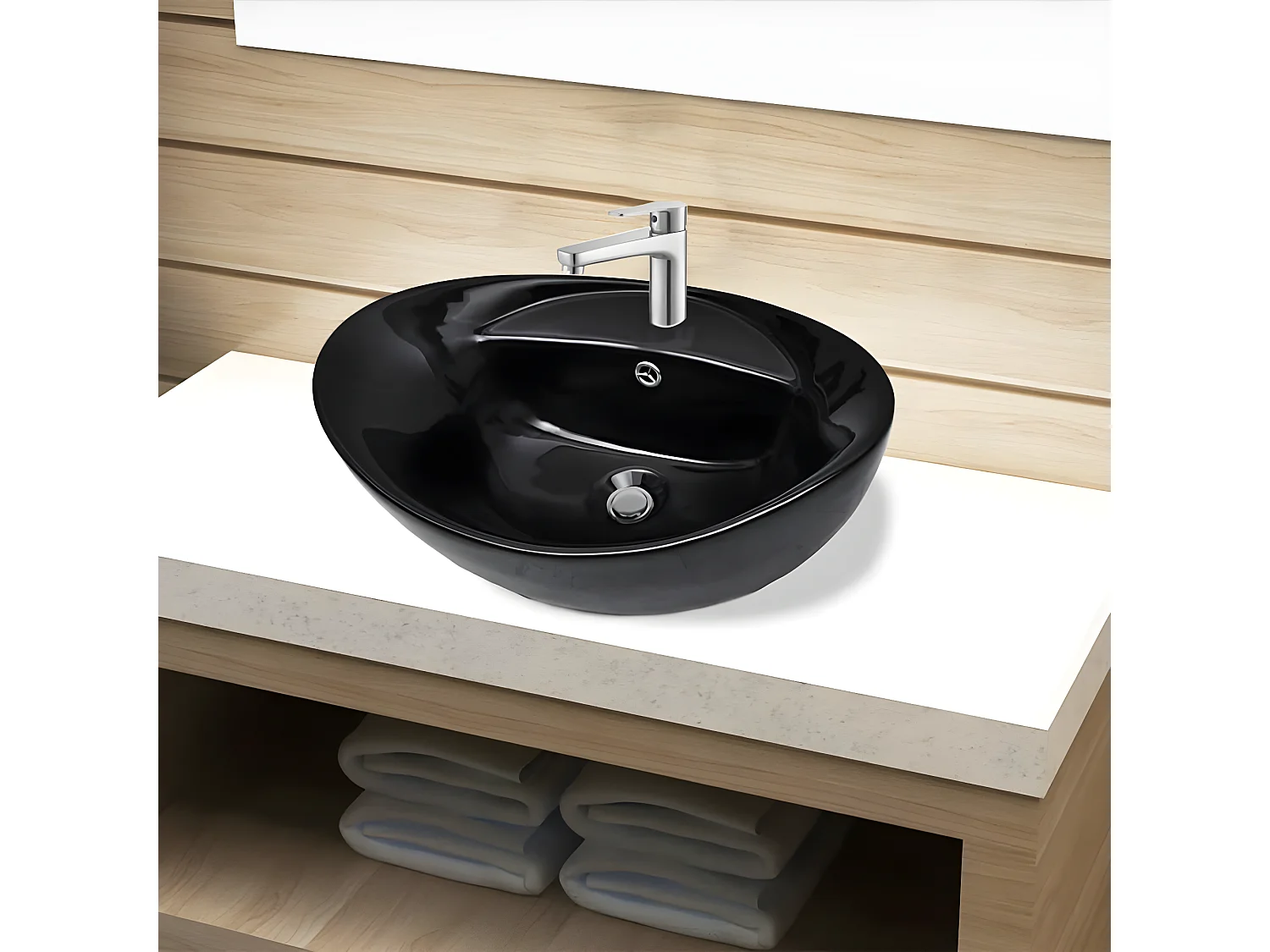 Vasque ovale à trou trop-plein/robinet céramique pour salle de bain FR902319