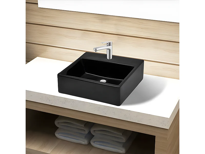 Vasque rectangulaire à trou Noir en céramique pour salle de bain FR378568