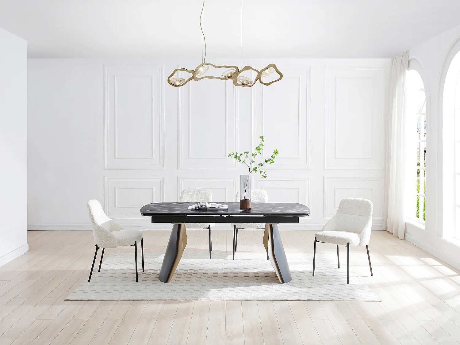 Table à manger extensible 6 à 10 personnes en céramique, verre trempé et métal - Effet marbre noir et doré - ZINORIA de Maison Céphy