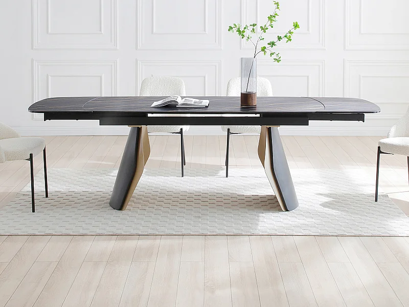 Table à manger extensible 6 à 10 personnes en céramique, verre trempé et métal - Effet marbre noir et doré - ZINORIA de Maison Céphy