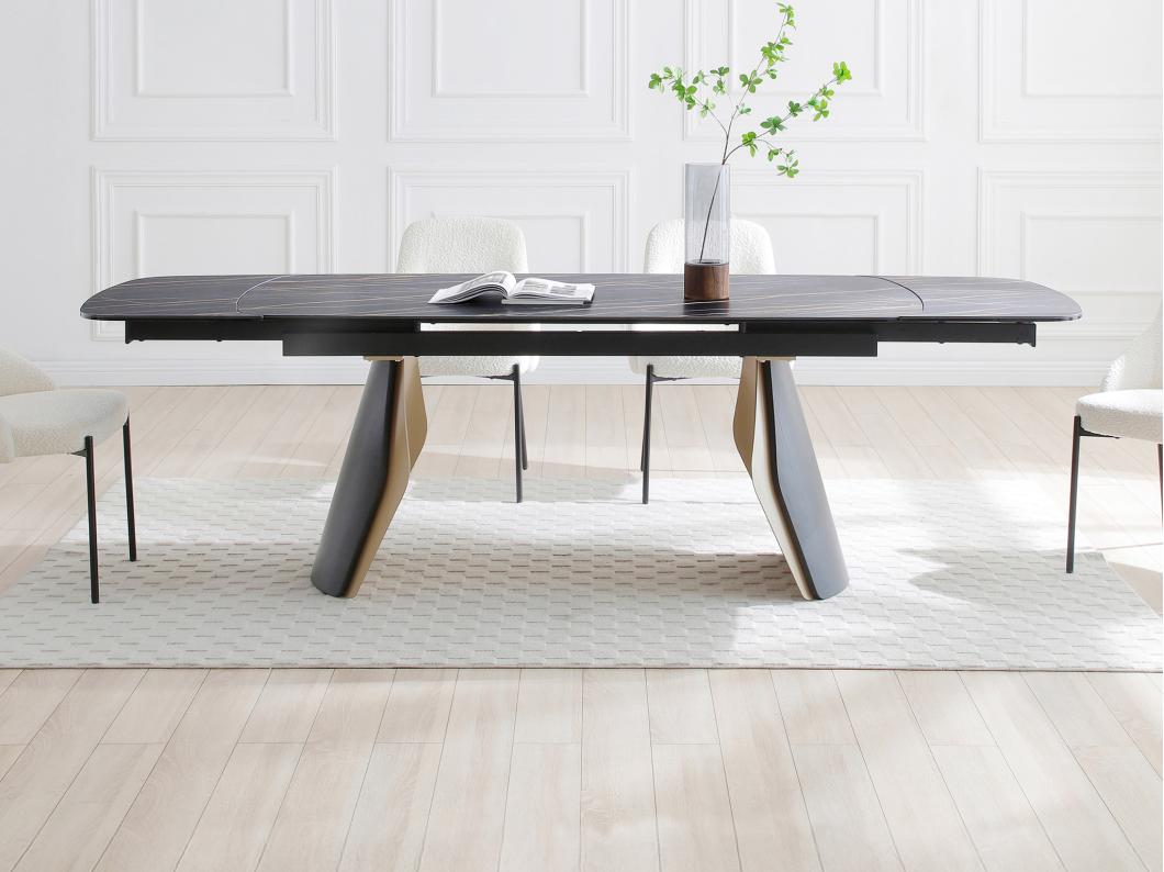 Table à manger extensible 6 à 10 personnes en céramique, verre trempé et métal - Effet marbre noir et doré - ZINORIA de Maison Céphy