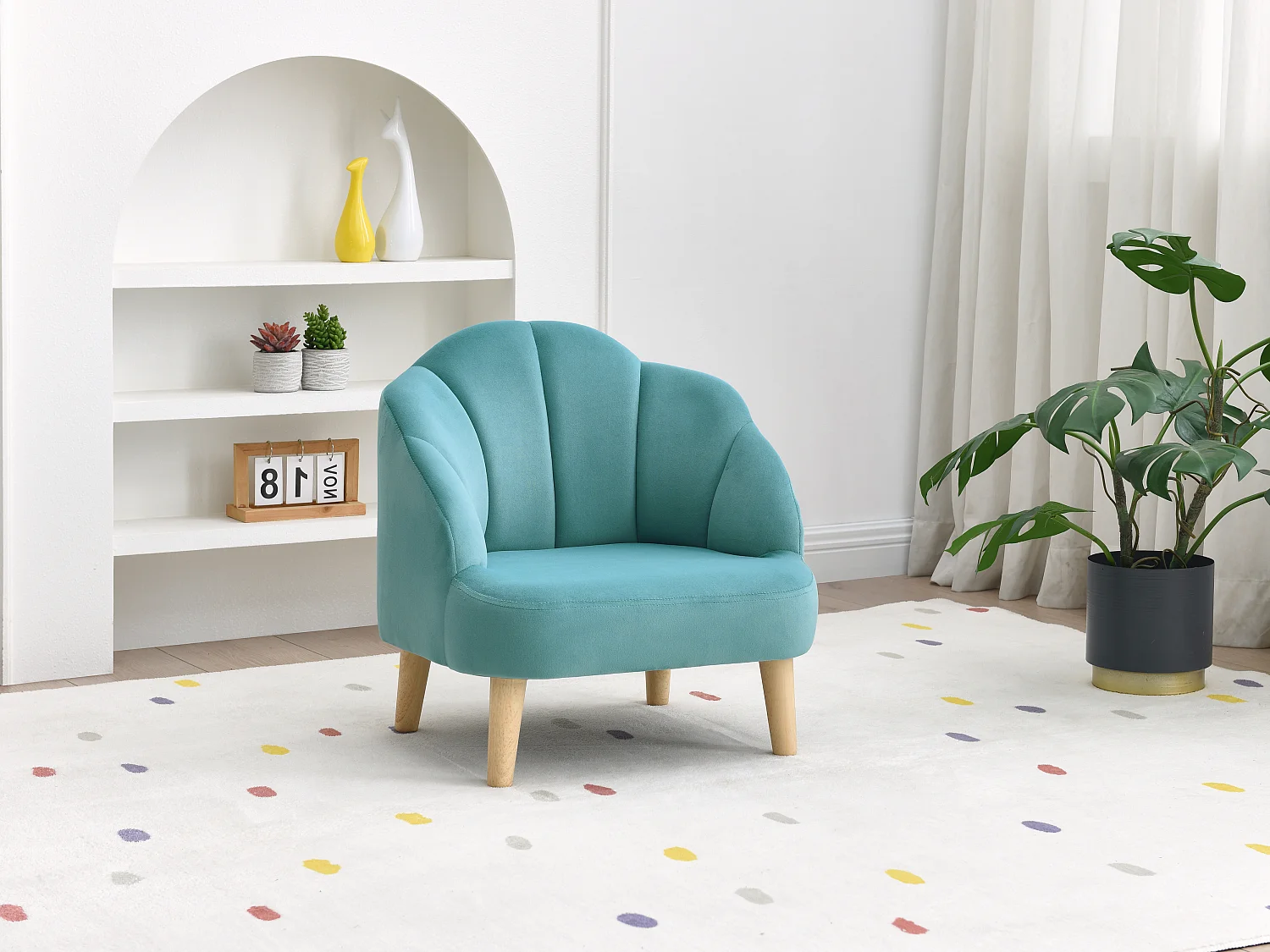 Fauteuil coquillage pour enfant en velours bleu COBACA