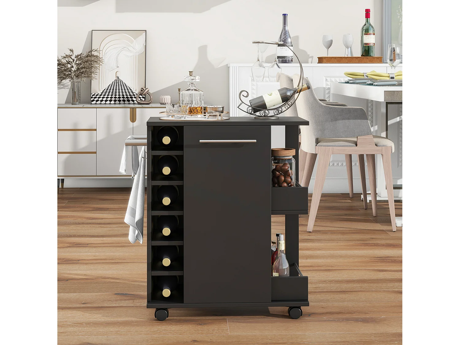 Keukentrolley, keukenkar met 2 verstelbare planken, 4 wielen, 6 vakken en 1 deur, 74x37,5x81,5 cm, zwart