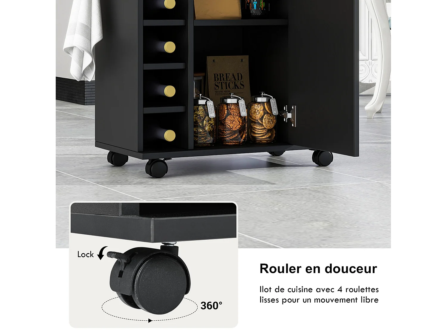 Keukentrolley, keukenkar met 2 verstelbare planken, 4 wielen, 6 vakken en 1 deur, 74x37,5x81,5 cm, zwart