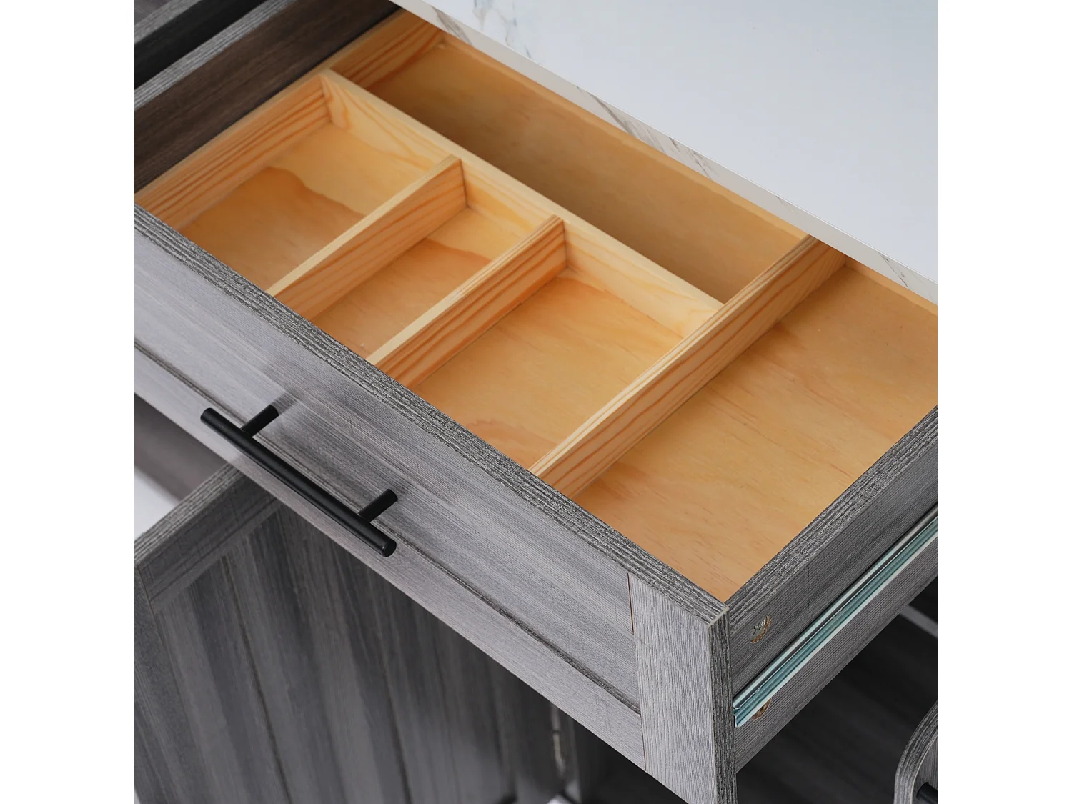 Desserte de cuisine, Chariot de table 129x76x91,5cm, plateau rabattable, étagères intérieures, îlot de cuisine, blanc + gris kaki