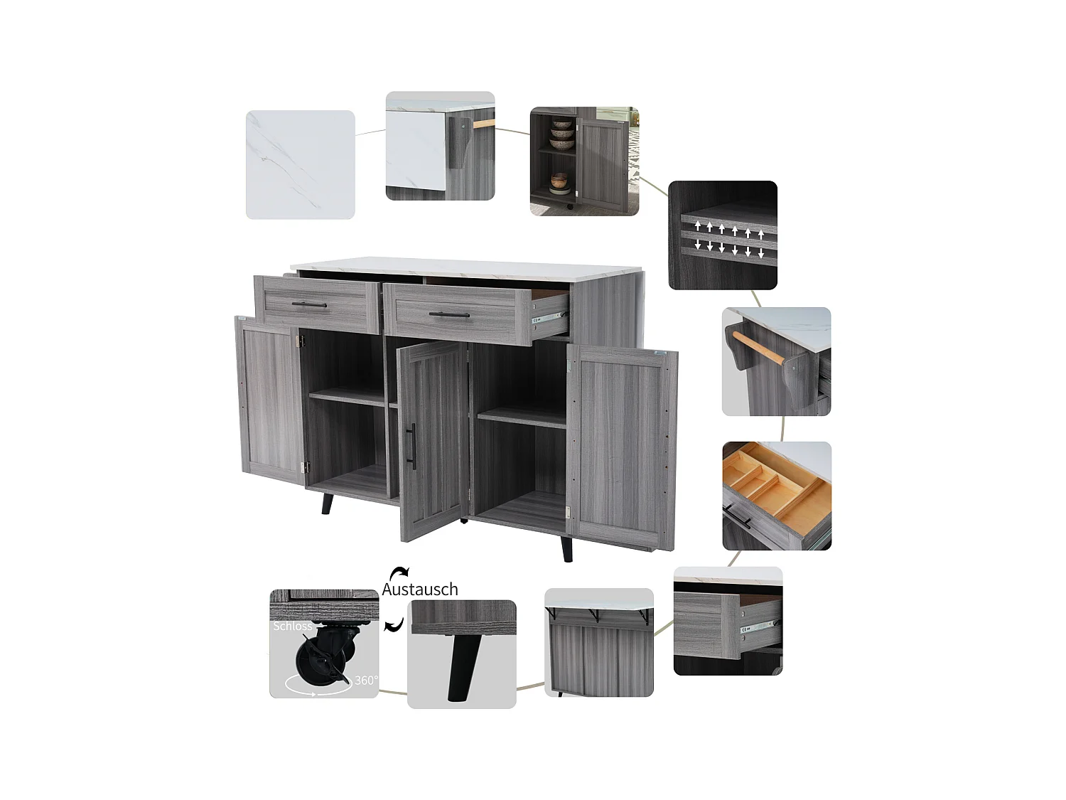 Küchenwagen, Tischwagen 129x76x91,5cm, Klappdeckel, Innenregale, Kücheninsel, weiß + khakigrau