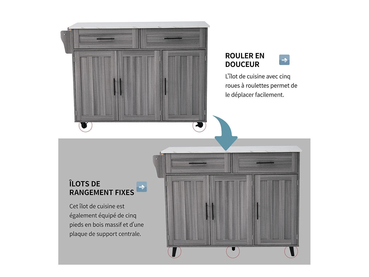 Küchenwagen, Tischwagen 129x76x91,5cm, Klappdeckel, Innenregale, Kücheninsel, weiß + khakigrau