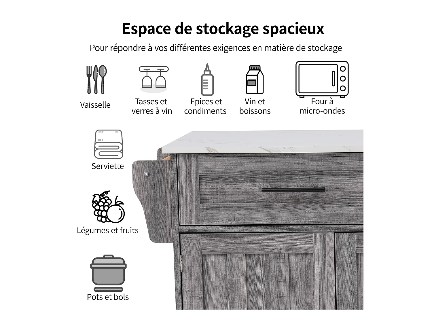 Küchenwagen, Tischwagen 129x76x91,5cm, Klappdeckel, Innenregale, Kücheninsel, weiß + khakigrau