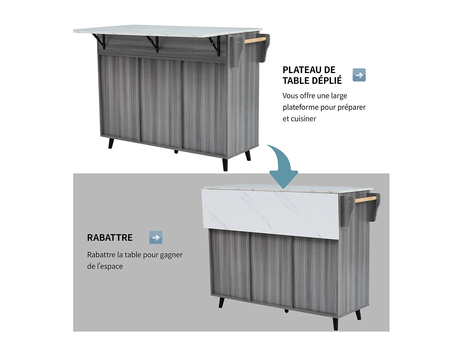 Küchenwagen, Tischwagen 129x76x91,5cm, Klappdeckel, Innenregale, Kücheninsel, weiß + khakigrau