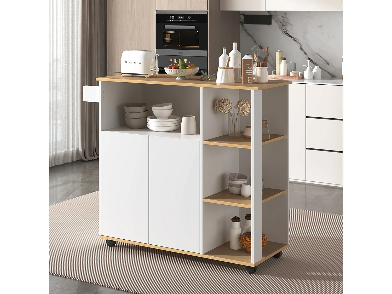 Desserte de cuisin, chariot de cuisine avec 2 portes, 2 compartiments, 3 étagères, 105x38x84cm, Blanc + Naturel