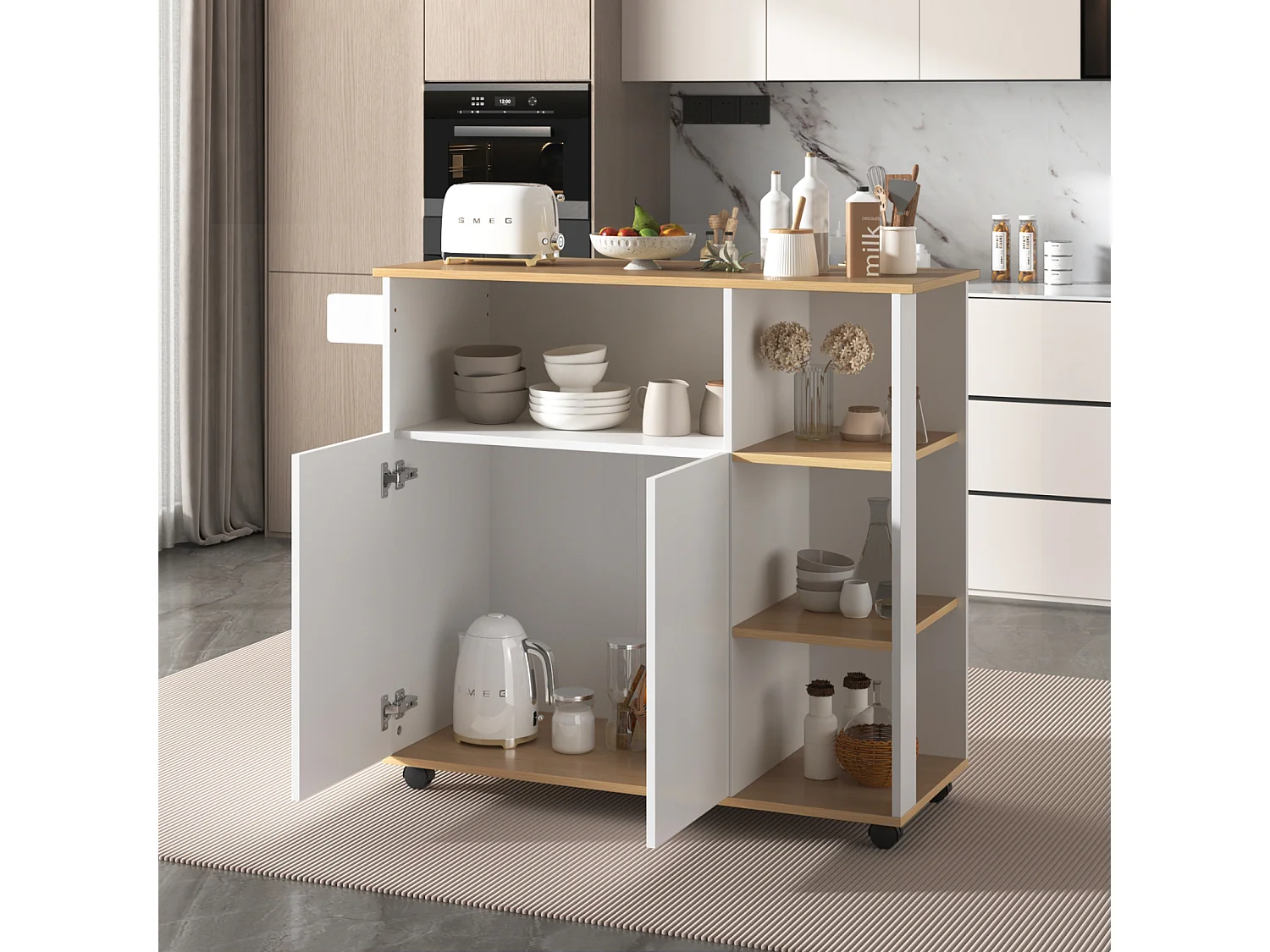 Desserte de cuisin, chariot de cuisine avec 2 portes, 2 compartiments, 3 étagères, 105x38x84cm, Blanc + Naturel