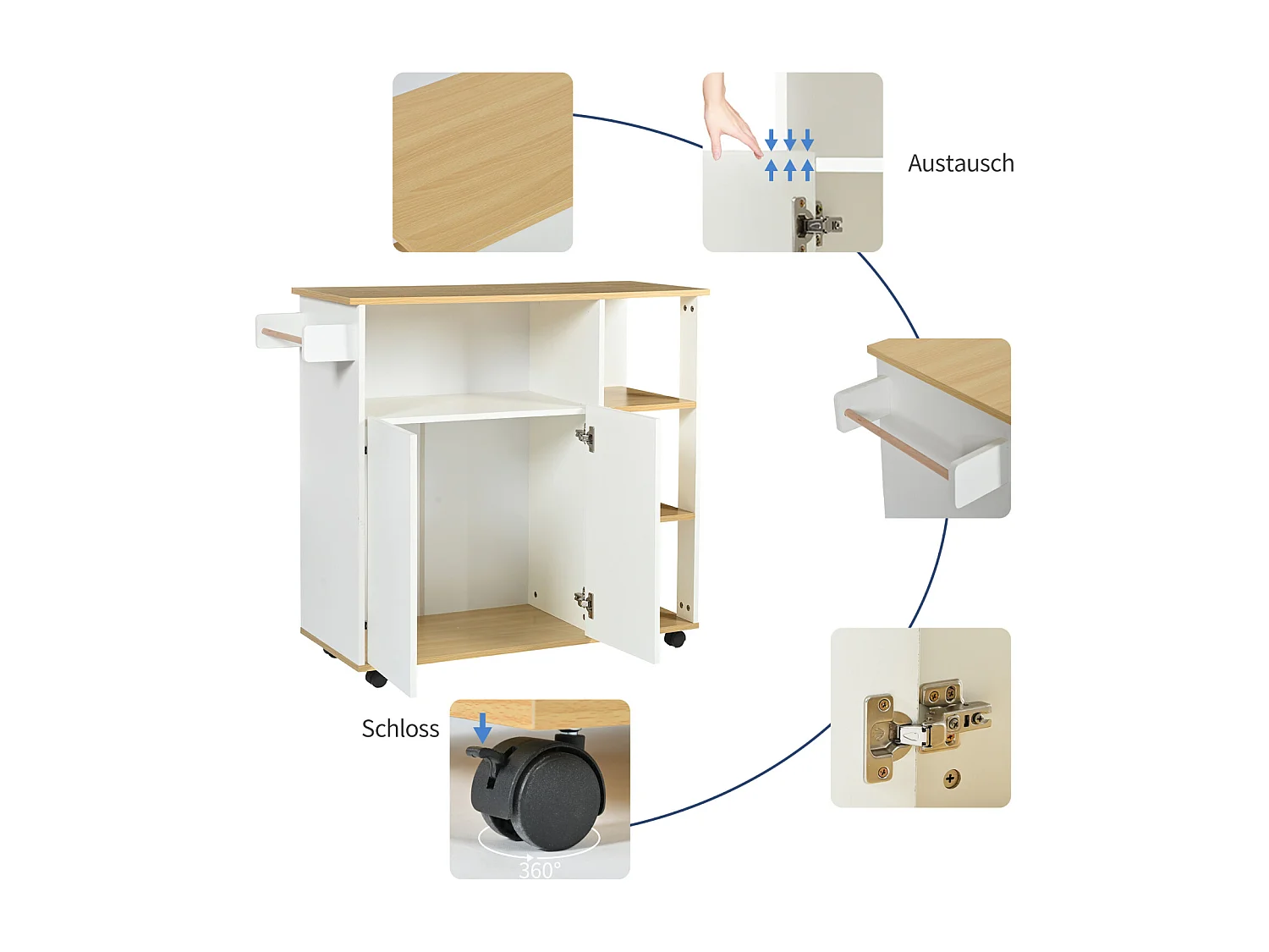 Desserte de cuisin, chariot de cuisine avec 2 portes, 2 compartiments, 3 étagères, 105x38x84cm, Blanc + Naturel