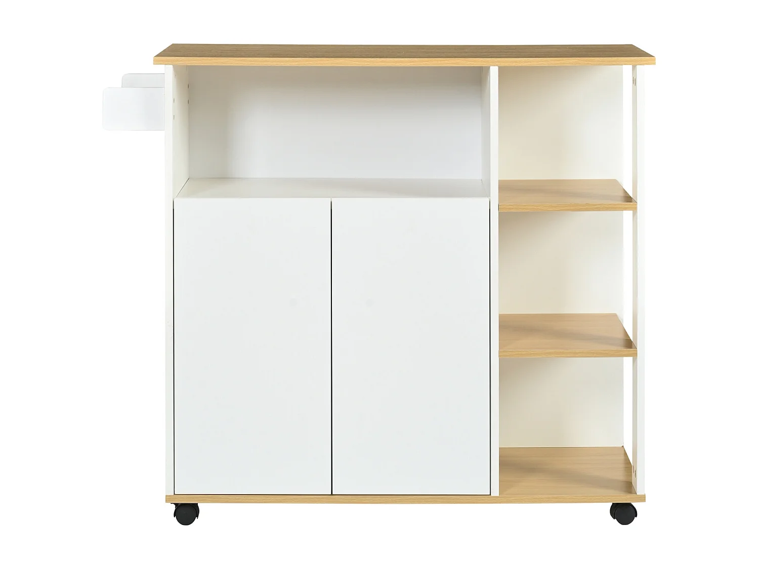 Desserte de cuisin, chariot de cuisine avec 2 portes, 2 compartiments, 3 étagères, 105x38x84cm, Blanc + Naturel