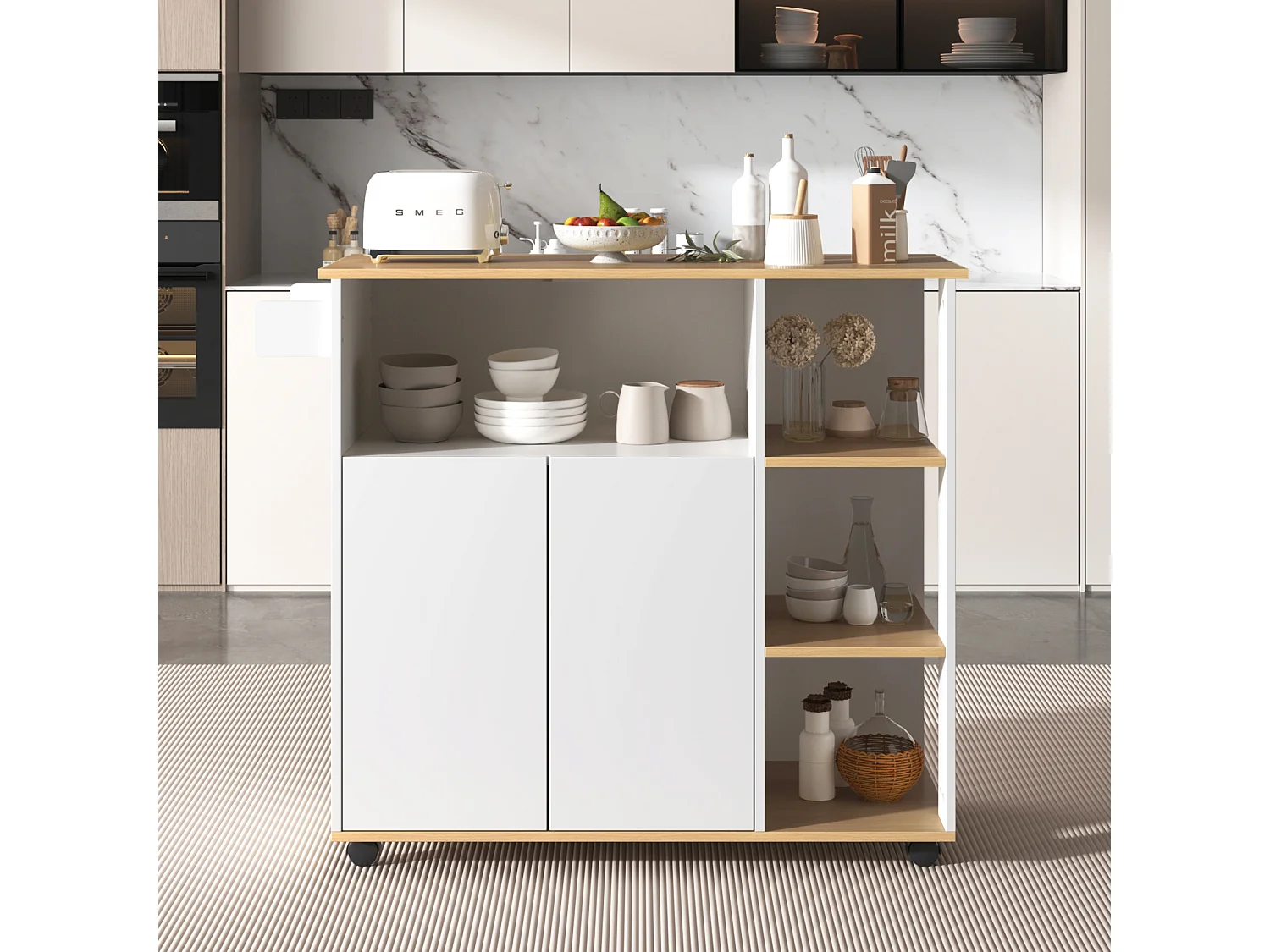 Desserte de cuisin, chariot de cuisine avec 2 portes, 2 compartiments, 3 étagères, 105x38x84cm, Blanc + Naturel