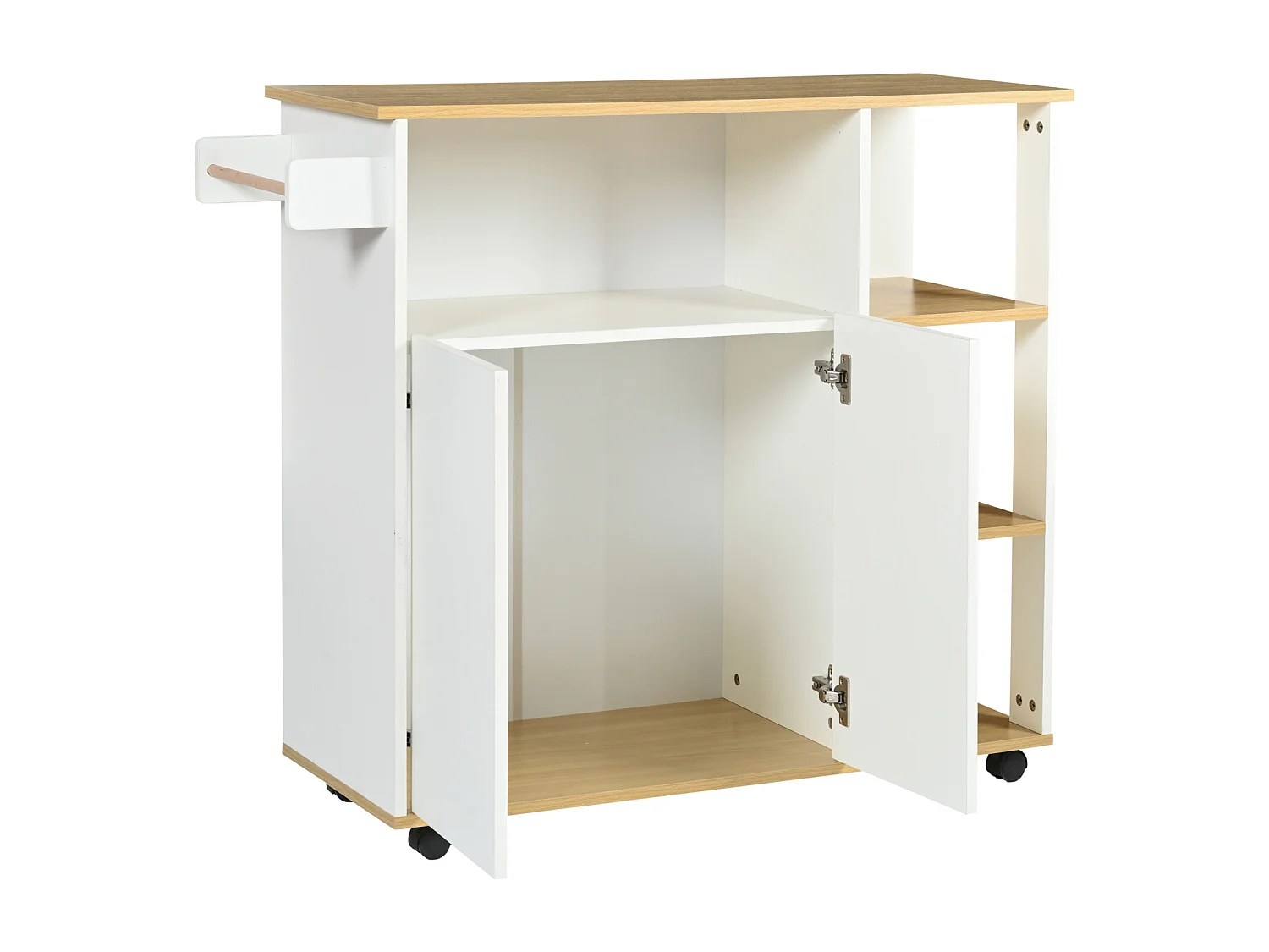 Desserte de cuisin, chariot de cuisine avec 2 portes, 2 compartiments, 3 étagères, 105x38x84cm, Blanc + Naturel