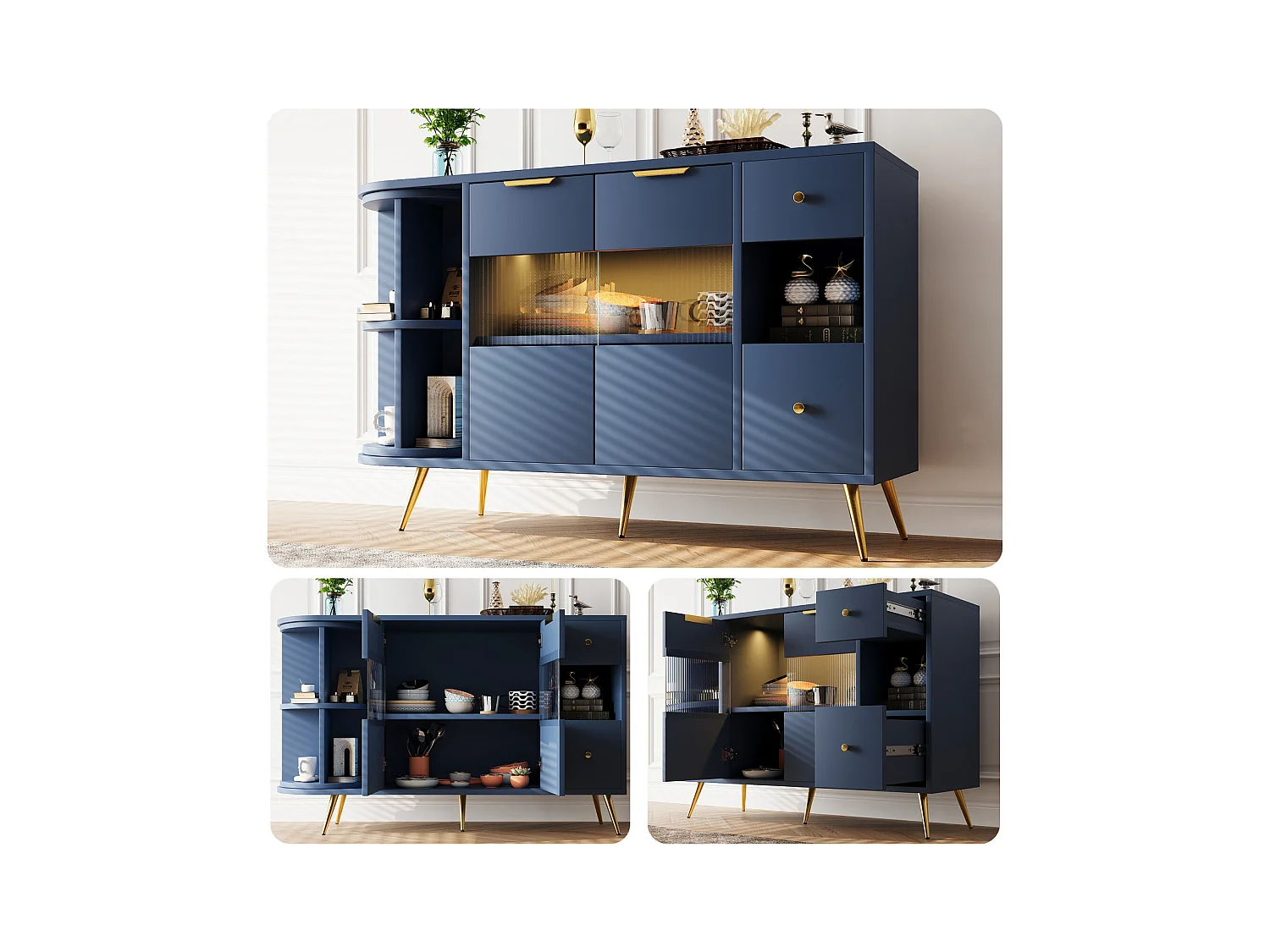 Buffet de cuisine 130x40x80cm, armoires de rangement de salon avec portes coulissantes en verre et lumières LED, MDF, bleu