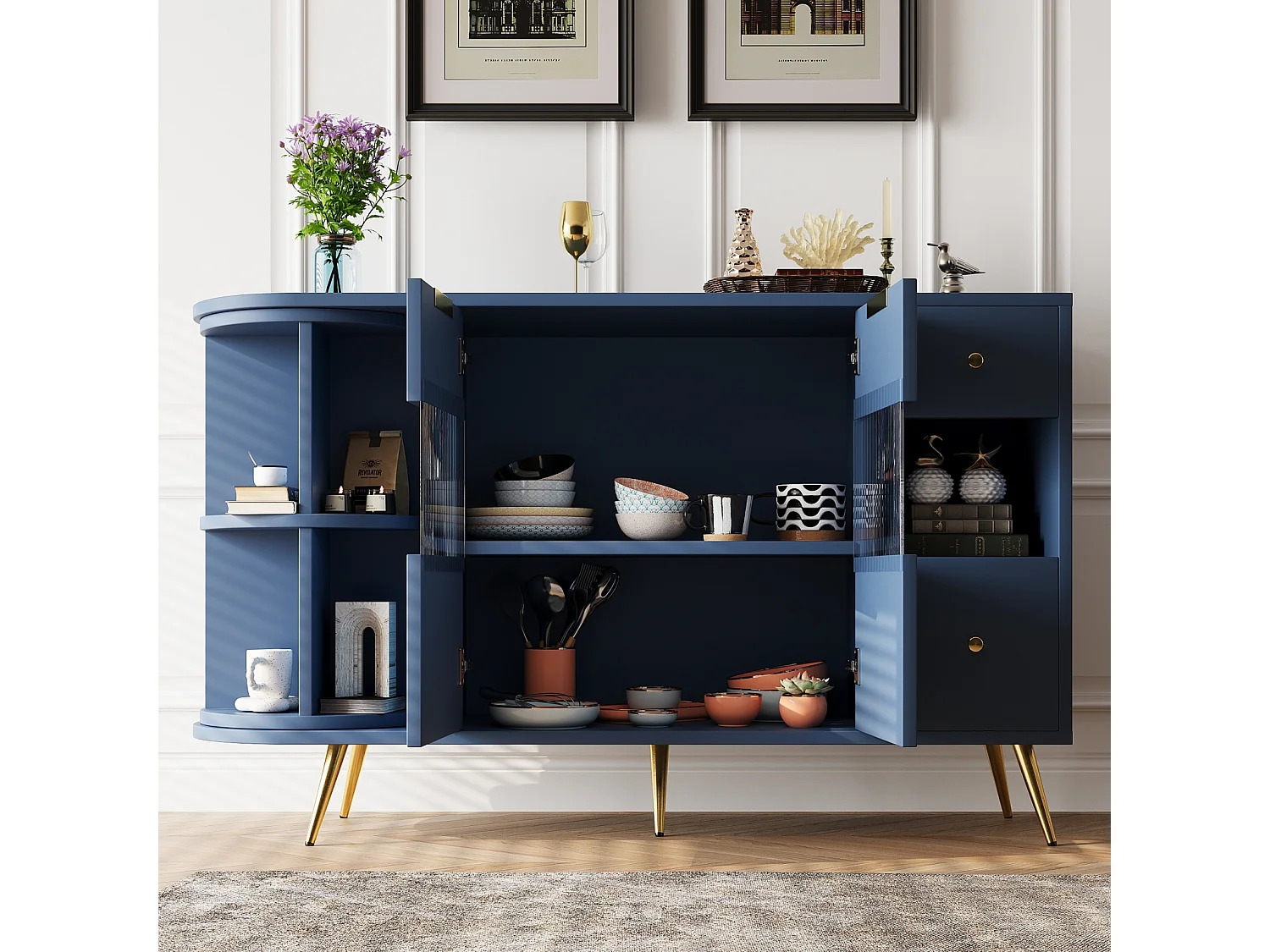 Buffet de cuisine 130x40x80cm, armoires de rangement de salon avec portes coulissantes en verre et lumières LED, MDF, bleu