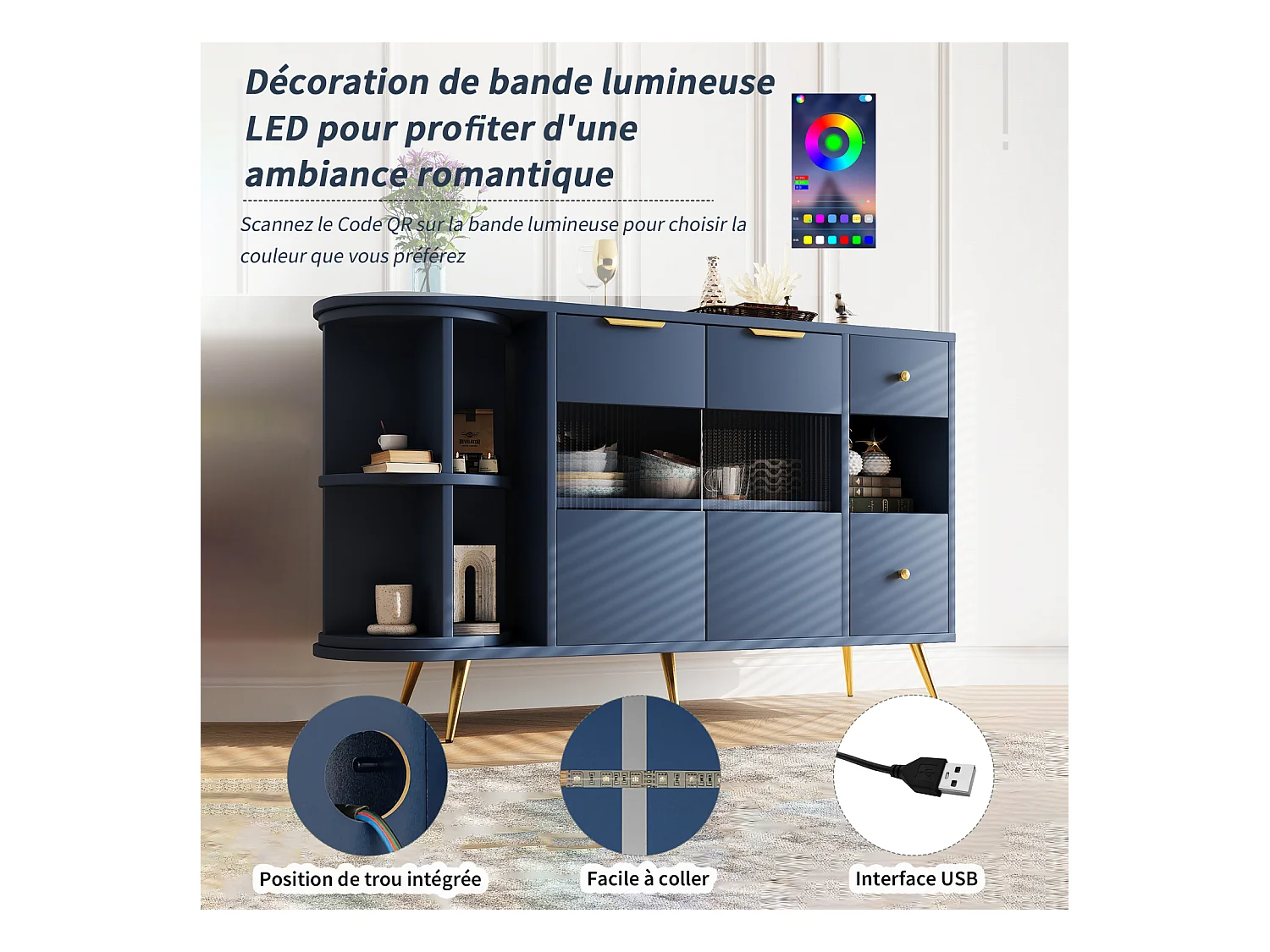Buffet de cuisine 130x40x80cm, armoires de rangement de salon avec portes coulissantes en verre et lumières LED, MDF, bleu