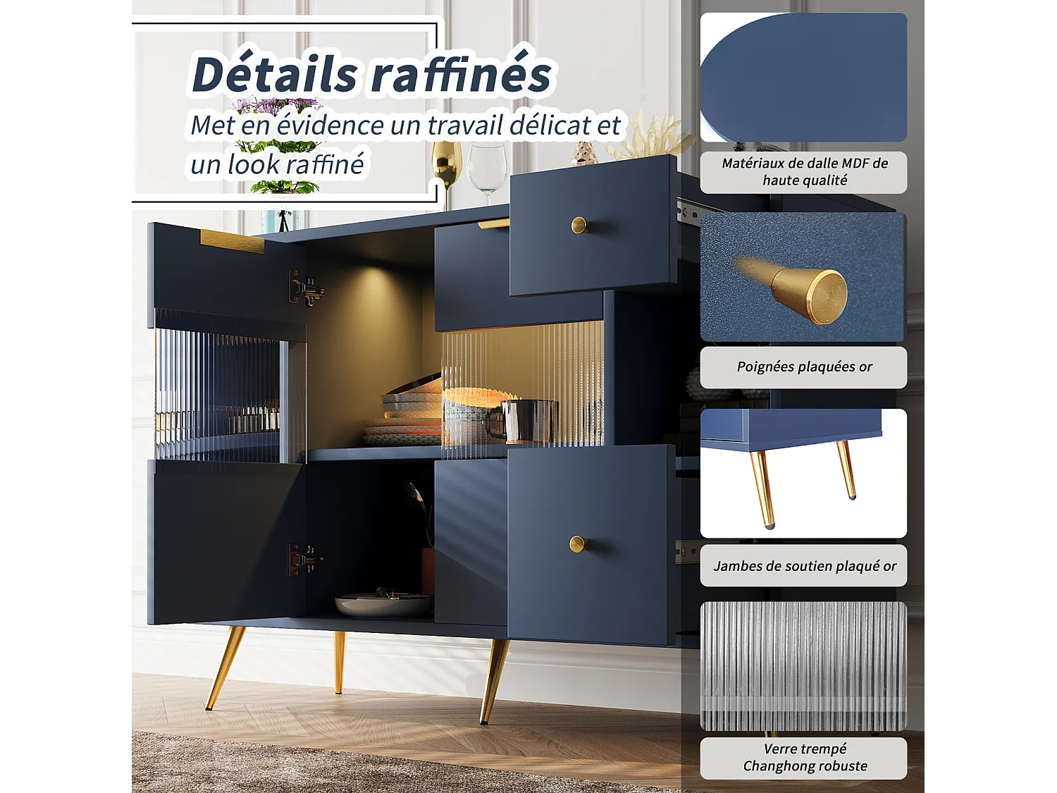 Buffet de cuisine 130x40x80cm, armoires de rangement de salon avec portes coulissantes en verre et lumières LED, MDF, bleu