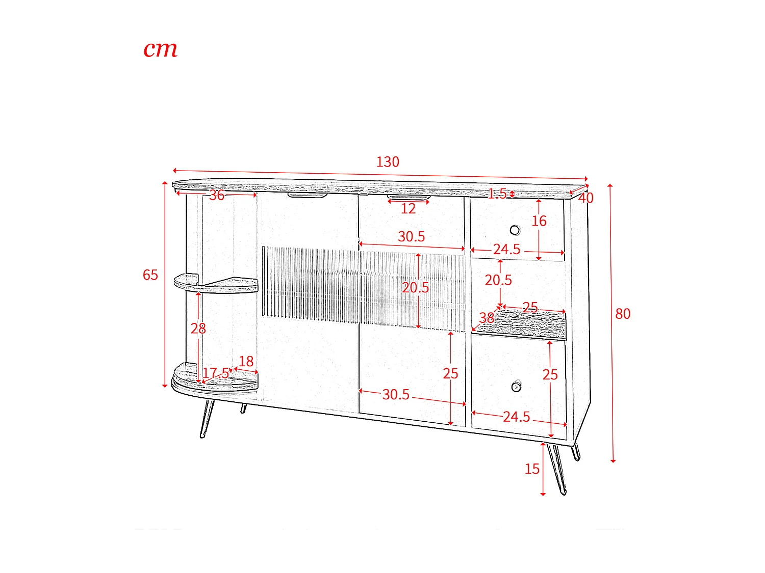 Keuken dressoir 130x40x80cm, woonkamer opbergkasten met glazen schuifdeuren en led-verlichting, MDF, blauw