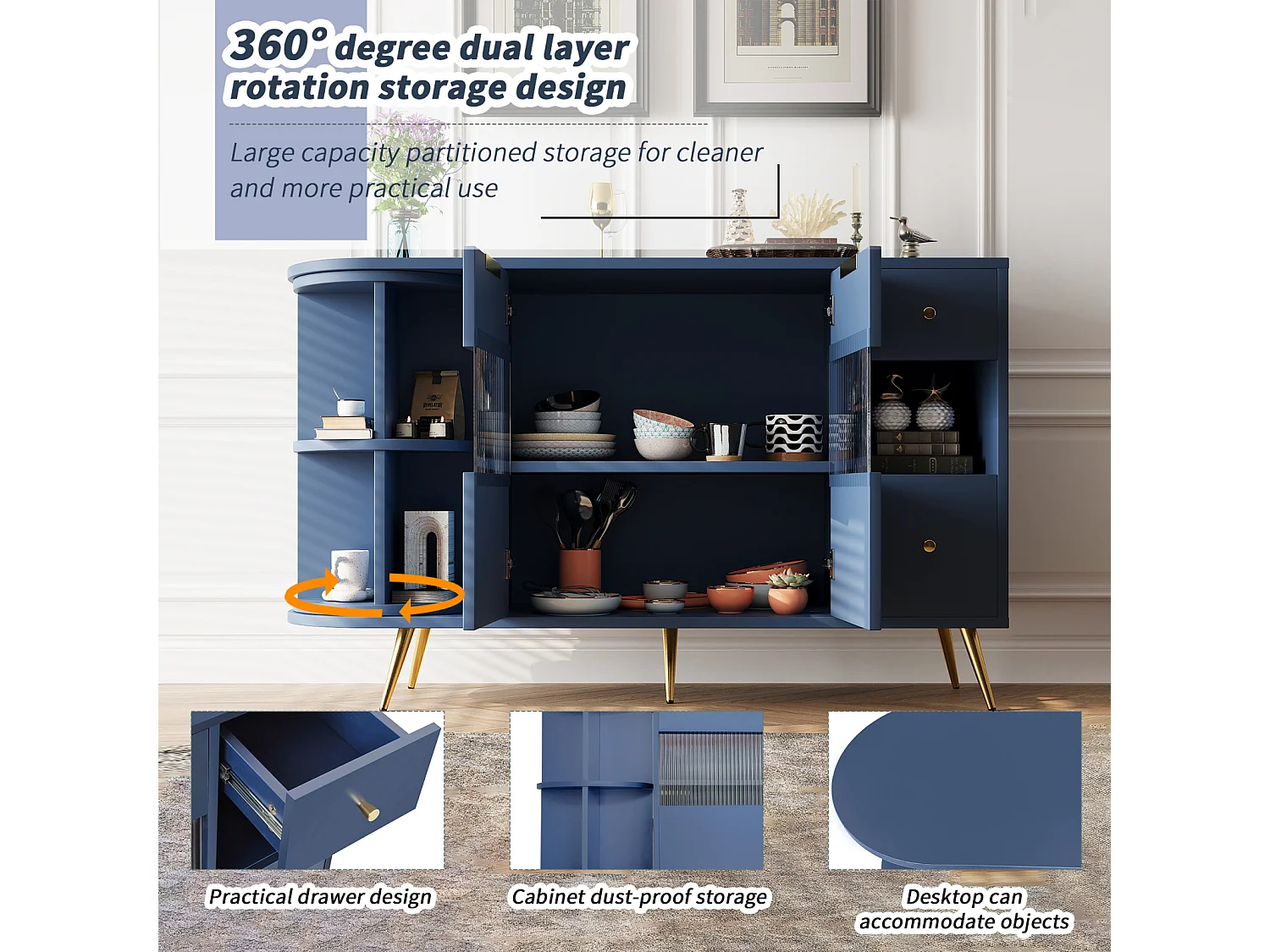 Keuken dressoir 130x40x80cm, woonkamer opbergkasten met glazen schuifdeuren en led-verlichting, MDF, blauw