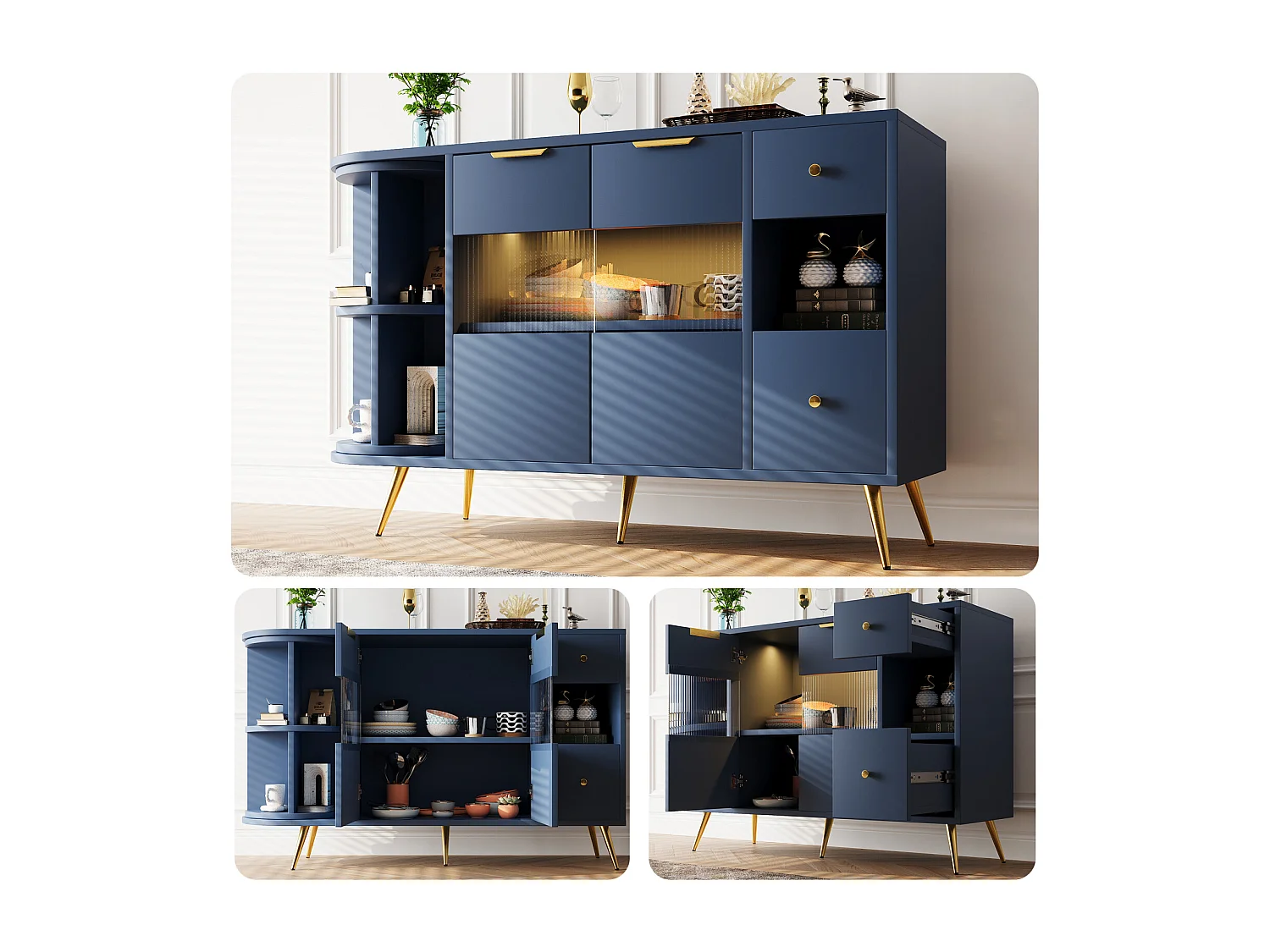 Buffet de cuisine 130x40x80cm, armoires de rangement de salon avec portes coulissantes en verre et lumières LED, MDF, bleu