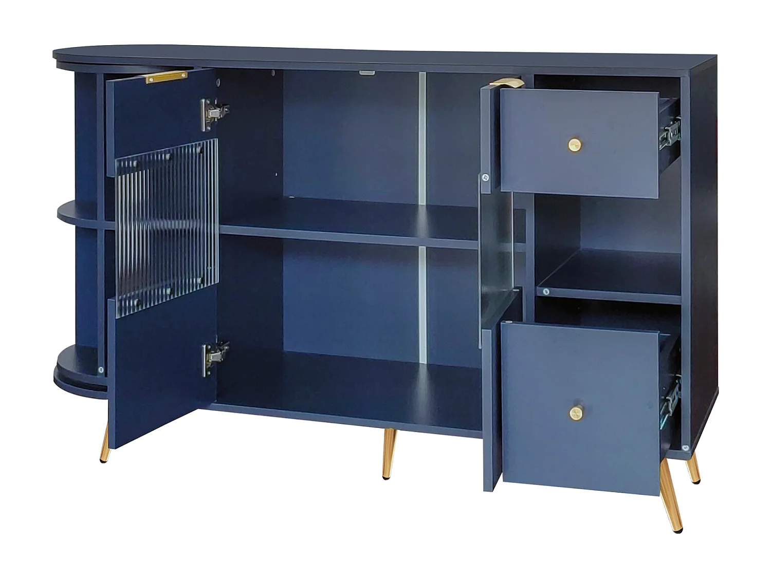 Buffet de cuisine 130x40x80cm, armoires de rangement de salon avec portes coulissantes en verre et lumières LED, MDF, bleu