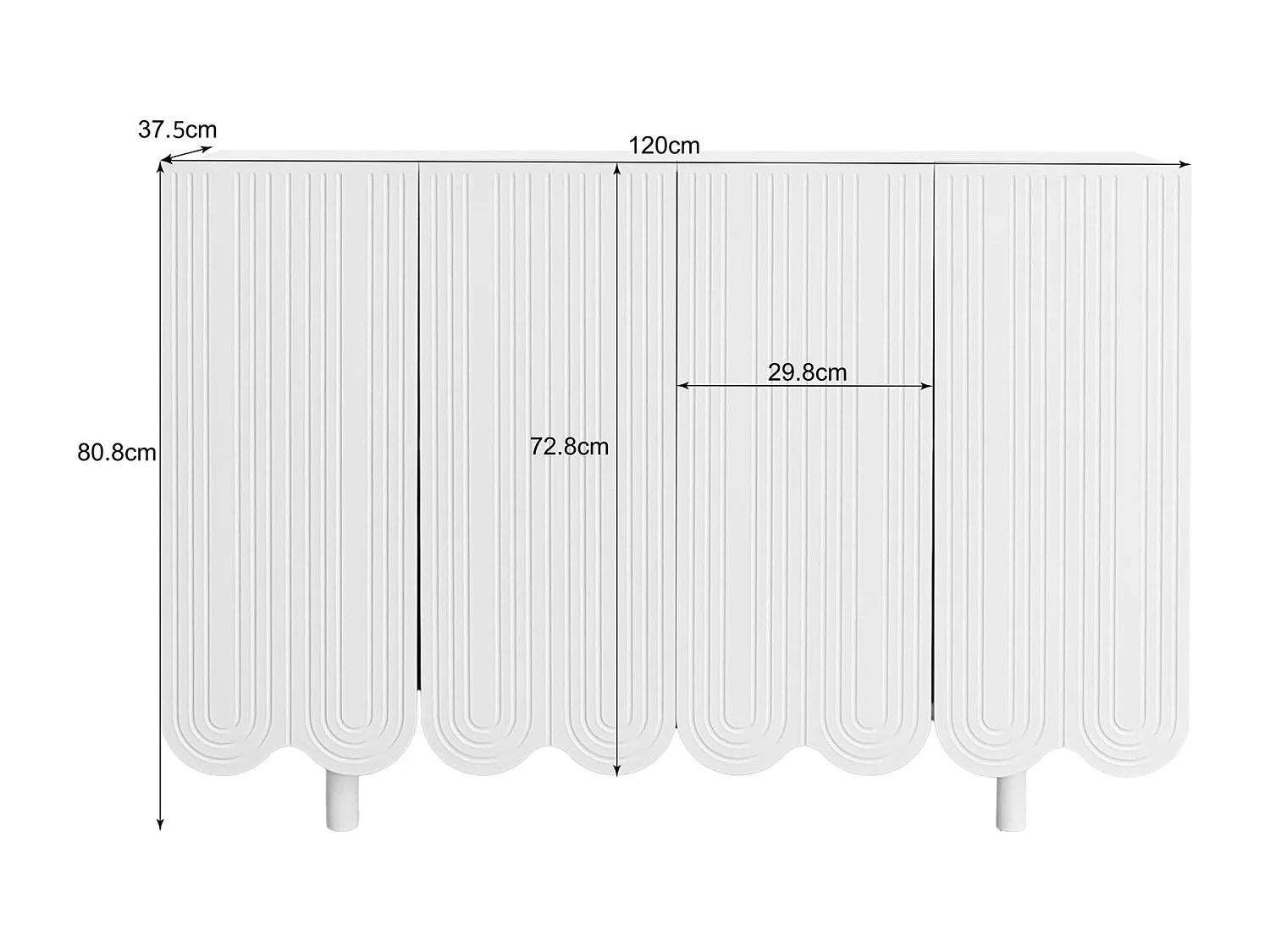 Dressoir 120x80,8x37,5cm, traanvormig dressoir met 4 geprofileerde deuren en bufferscharnier, wit