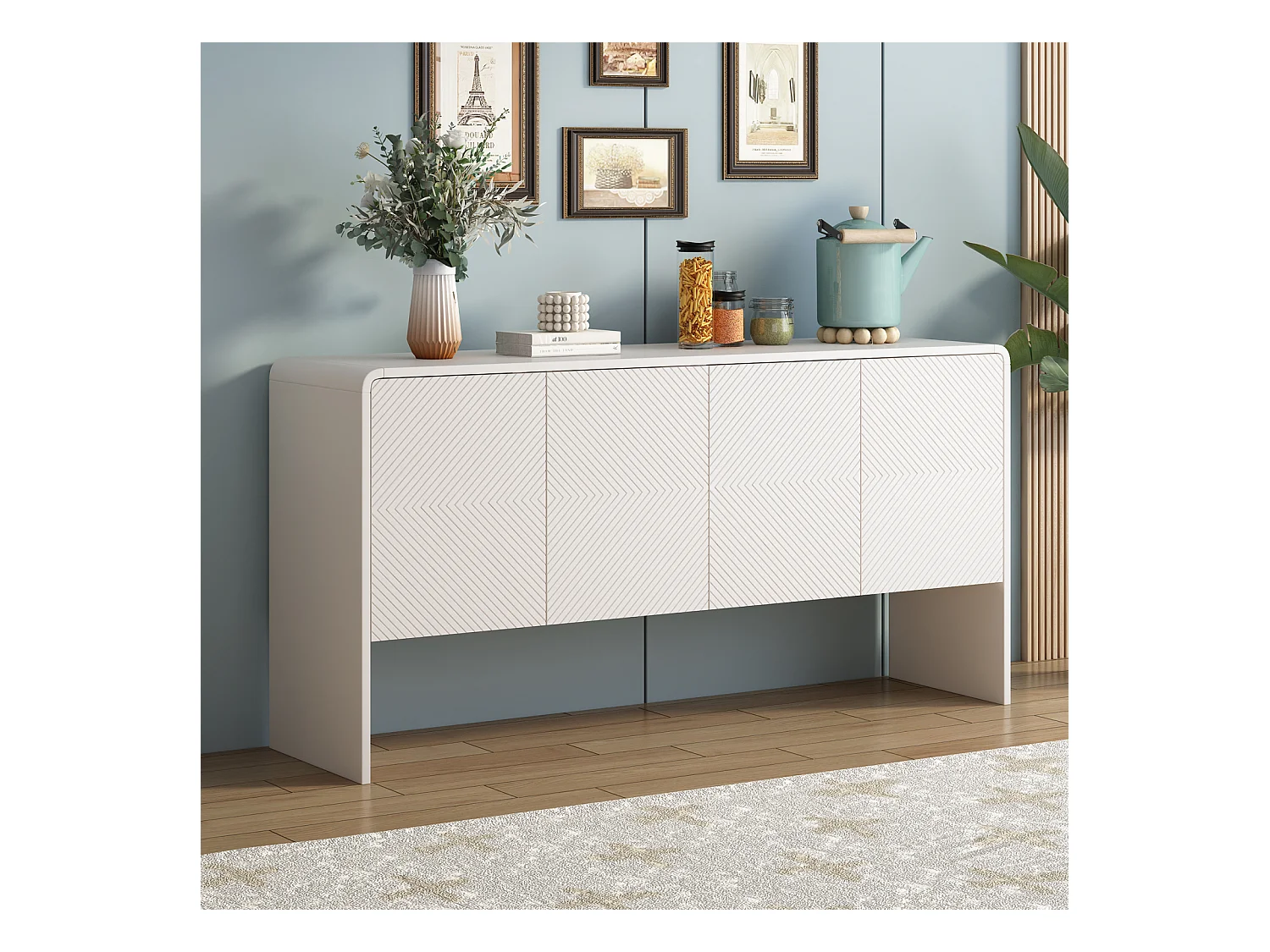 Buffet 4 portes, avec dispositif anti-recul, pour le salon et l'entrée, 152.5x40x76.5cm, blanc
