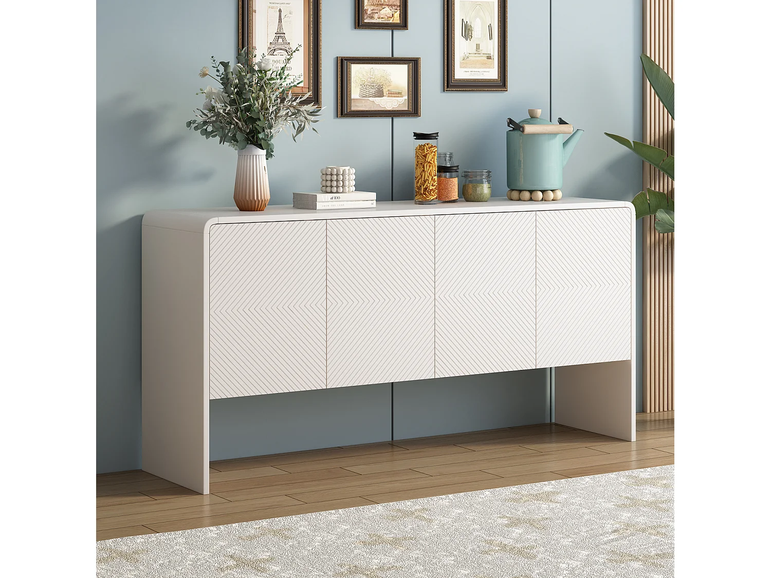 Buffet 4 portes, avec dispositif anti-recul, pour le salon et l'entrée, 152.5x40x76.5cm, blanc