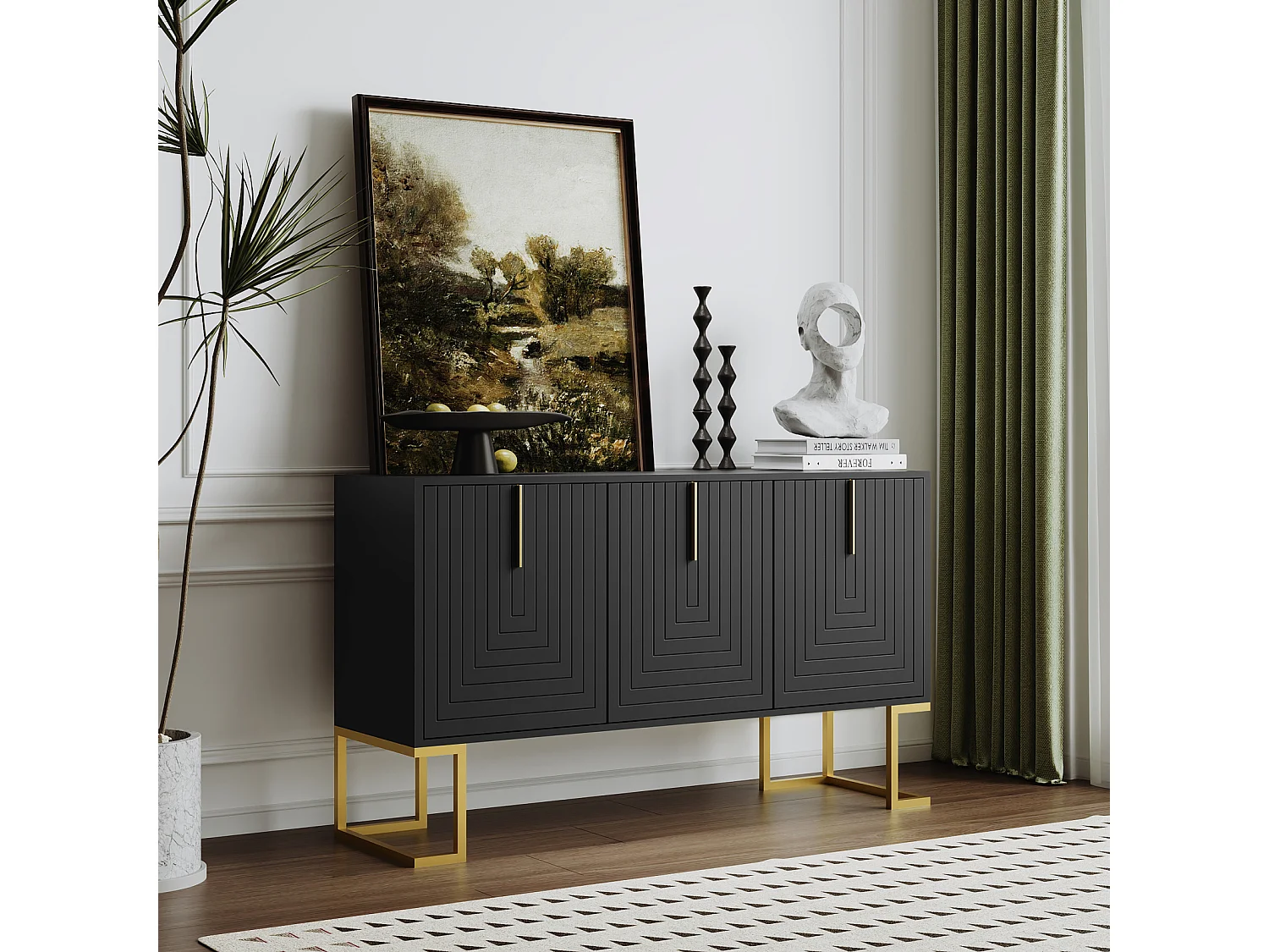 Buffet 138x40x80.5cm, armoire avec 3 portes, étagères réglables, portes en forme de U, base en métal, noir