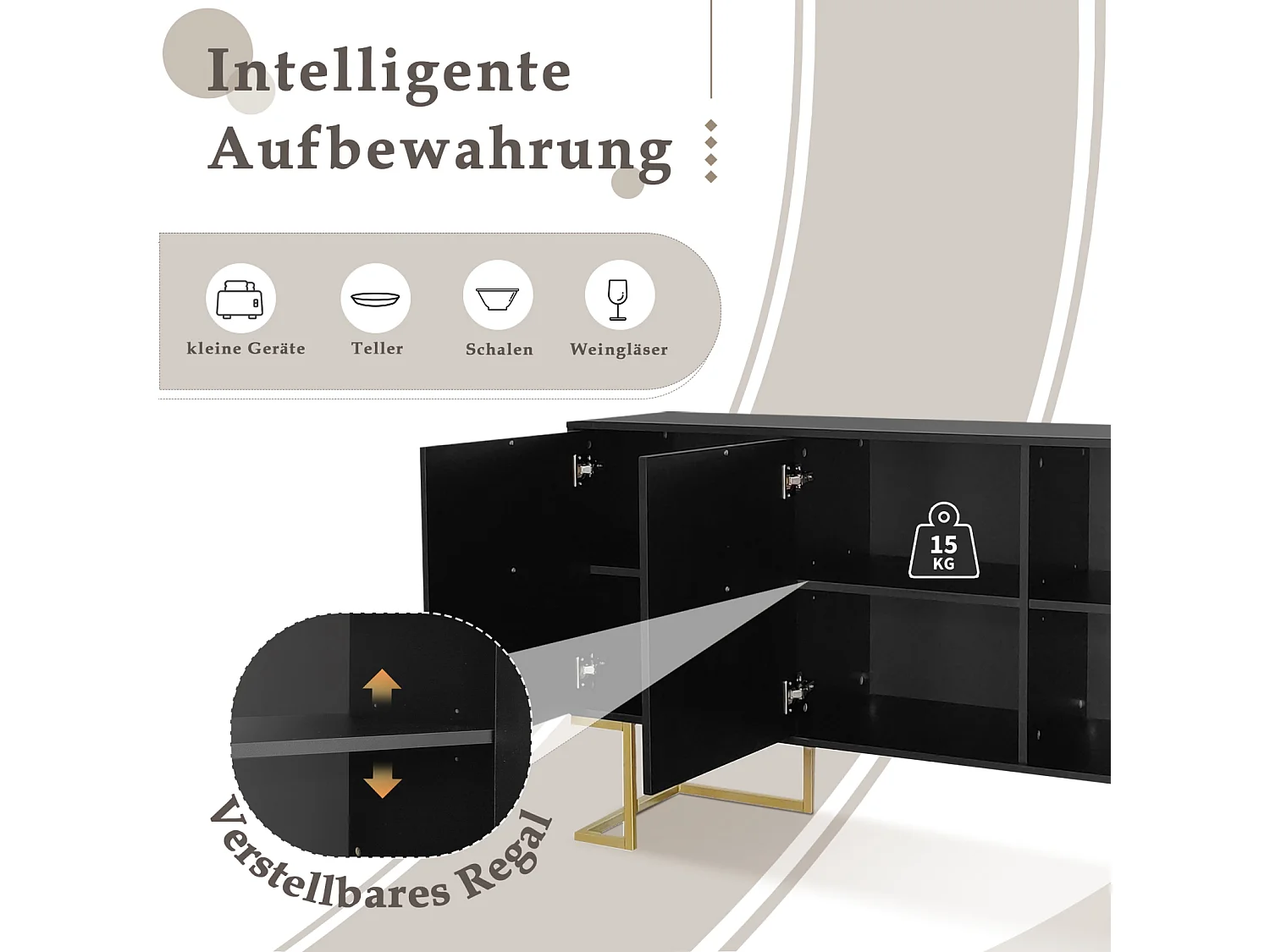 Buffet 138x40x80.5cm, armoire avec 3 portes, étagères réglables, portes en forme de U, base en métal, noir