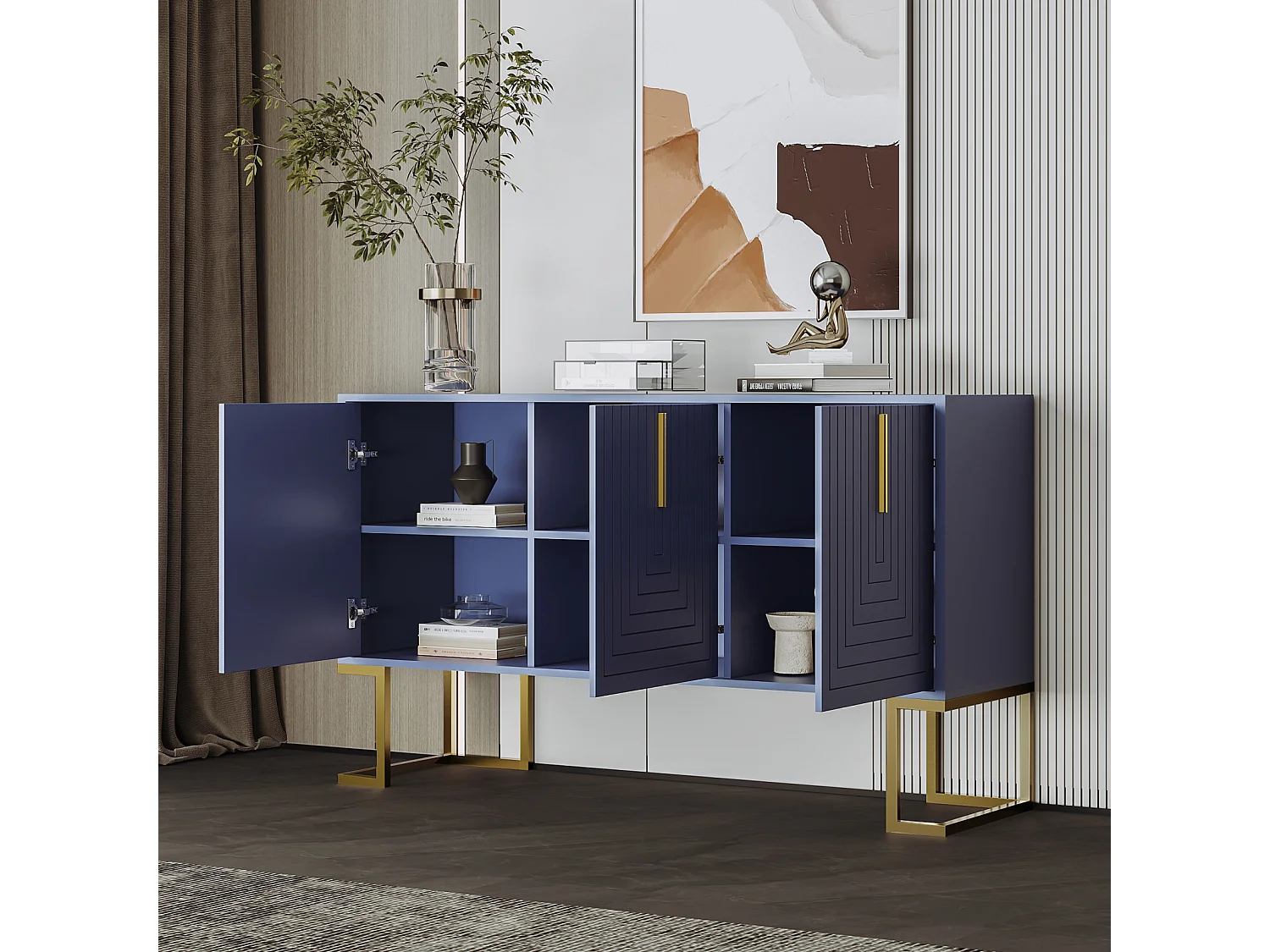 Credenza 138x40x80,5cm, mobile con 3 ante, ripiani regolabili, ante a U, base in metallo, blu navy