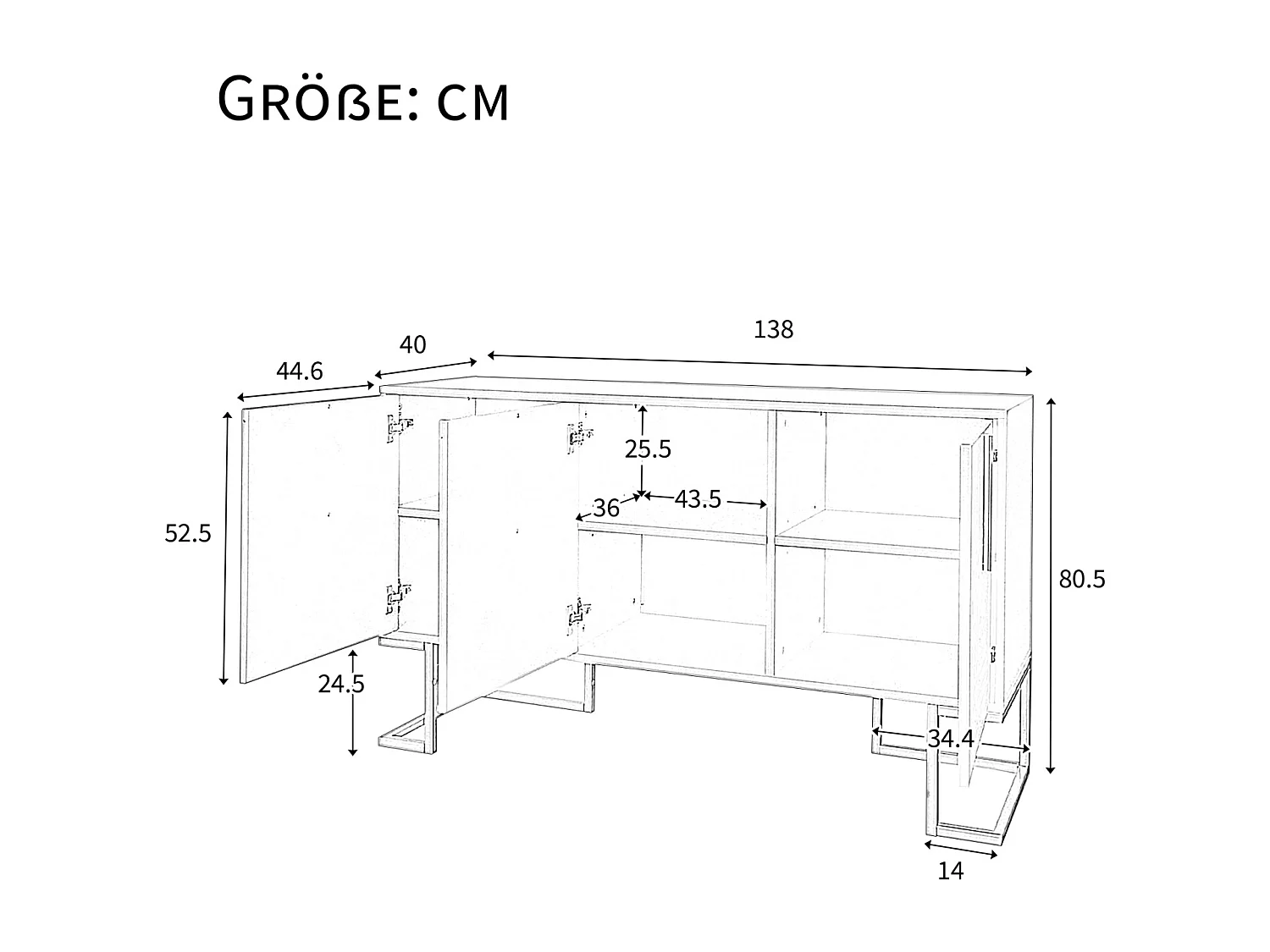 Credenza 138x40x80,5cm, mobile con 3 ante, ripiani regolabili, ante a U, base in metallo, blu navy