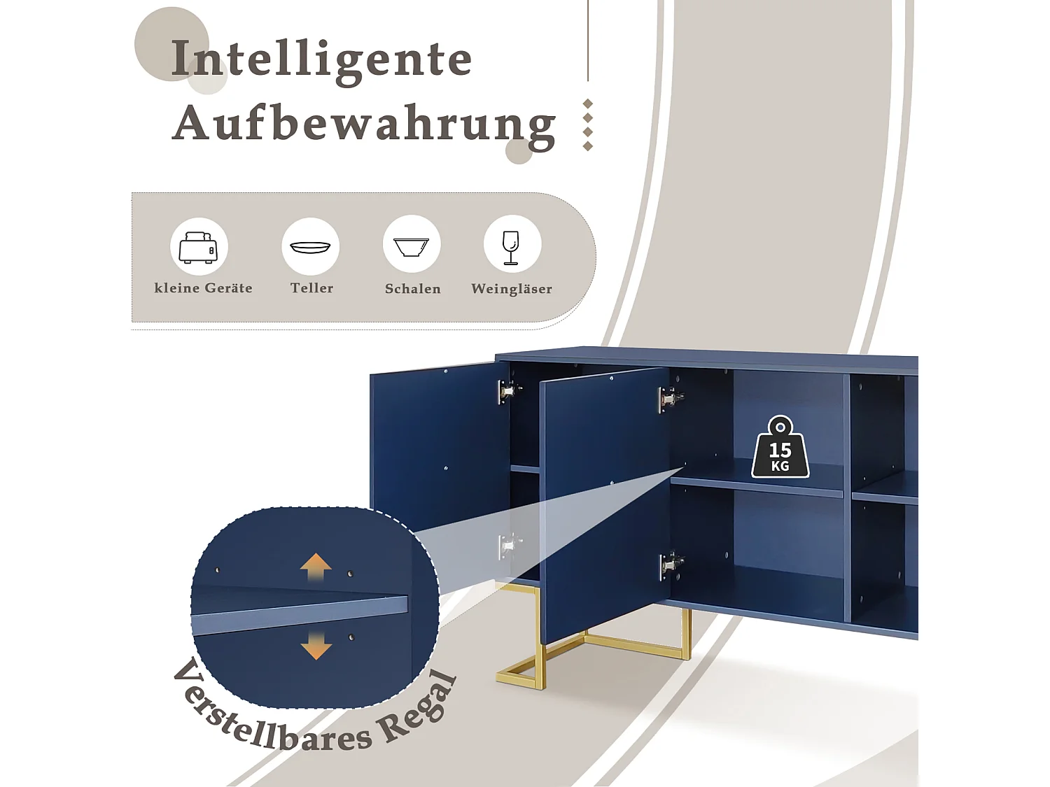 Credenza 138x40x80,5cm, mobile con 3 ante, ripiani regolabili, ante a U, base in metallo, blu navy