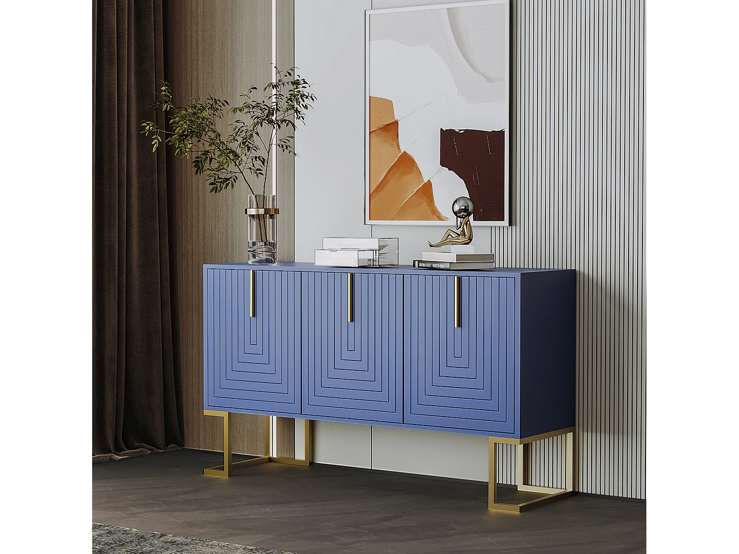 Buffet 138x40x80.5cm, armoire avec 3 portes, étagères réglables, portes en forme de U, base en métal, bleu marine