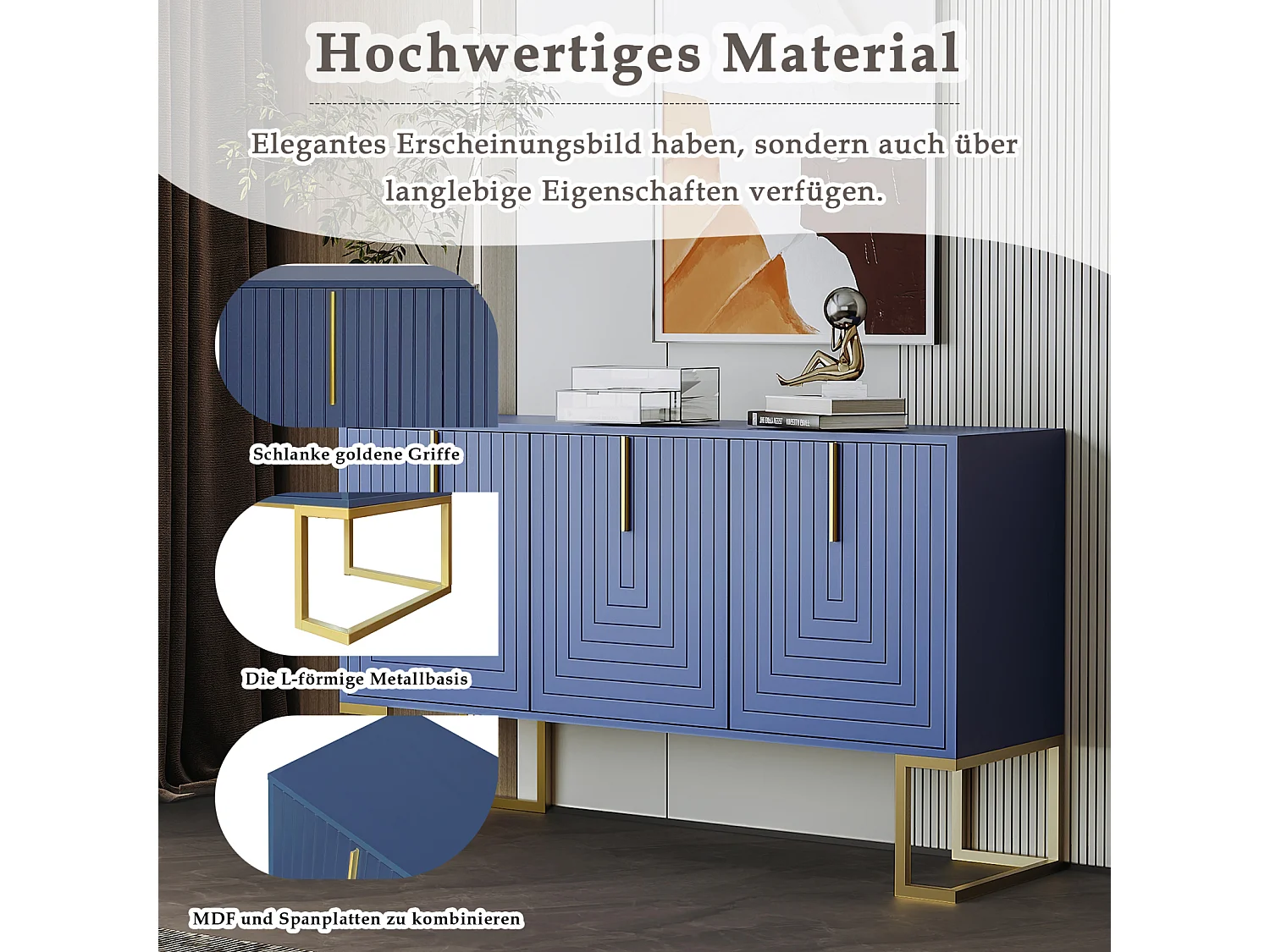 Buffet 138x40x80.5cm, armoire avec 3 portes, étagères réglables, portes en forme de U, base en métal, bleu marine