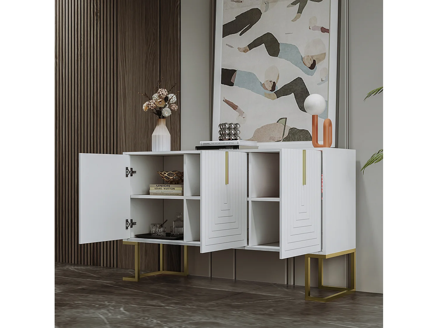 Buffet 138x40x80.5cm, armoire avec 3 portes, étagères réglables, portes en forme de U, base en métal, blanc