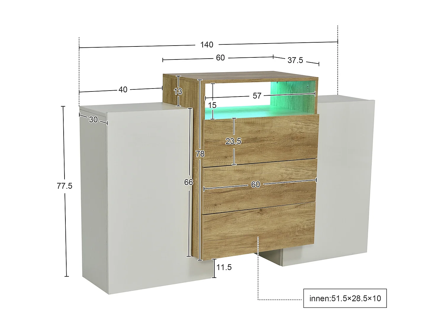 Woonkamer dressoir meubilair Moderne gestructureerde houten ladekast met opbergladen - L 140 x D 30 x H 78 cm