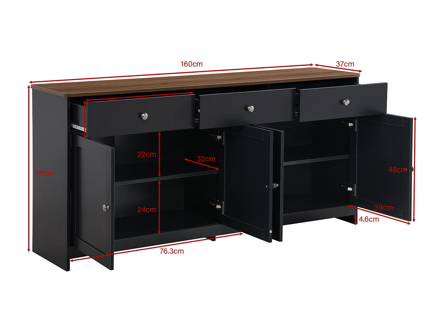 Dressoir van wit geaderd hout 160 L x 37 B x 75H - Dressoir met 4 deuren en 3 lades voor woonkamer, eetkamer - Donkergrijze kleur