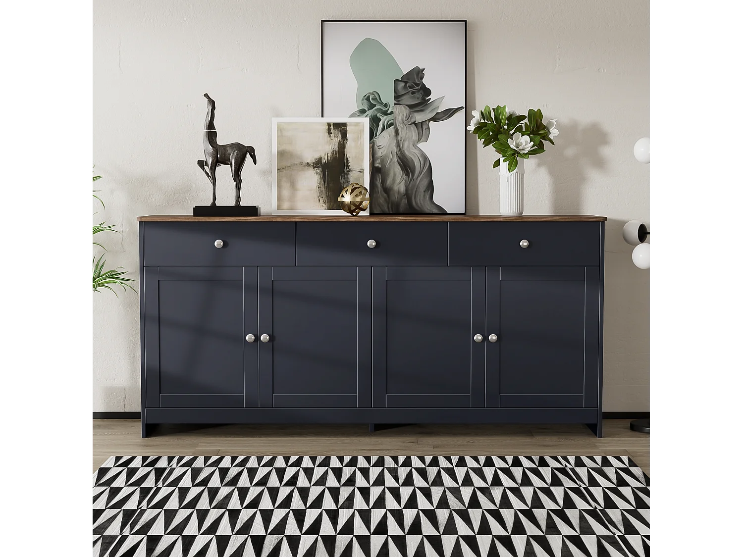 Dressoir van wit geaderd hout 160 L x 37 B x 75H - Dressoir met 4 deuren en 3 lades voor woonkamer, eetkamer - Donkergrijze kleur