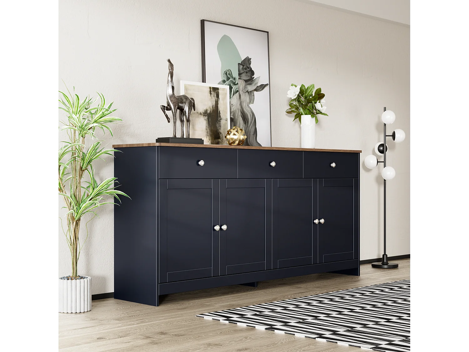 Dressoir van wit geaderd hout 160 L x 37 B x 75H - Dressoir met 4 deuren en 3 lades voor woonkamer, eetkamer - Donkergrijze kleur