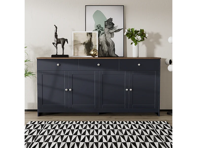 Dressoir van wit geaderd hout 160 L x 37 B x 75H - Dressoir met 4 deuren en 3 lades voor woonkamer, eetkamer - Donkergrijze kleur