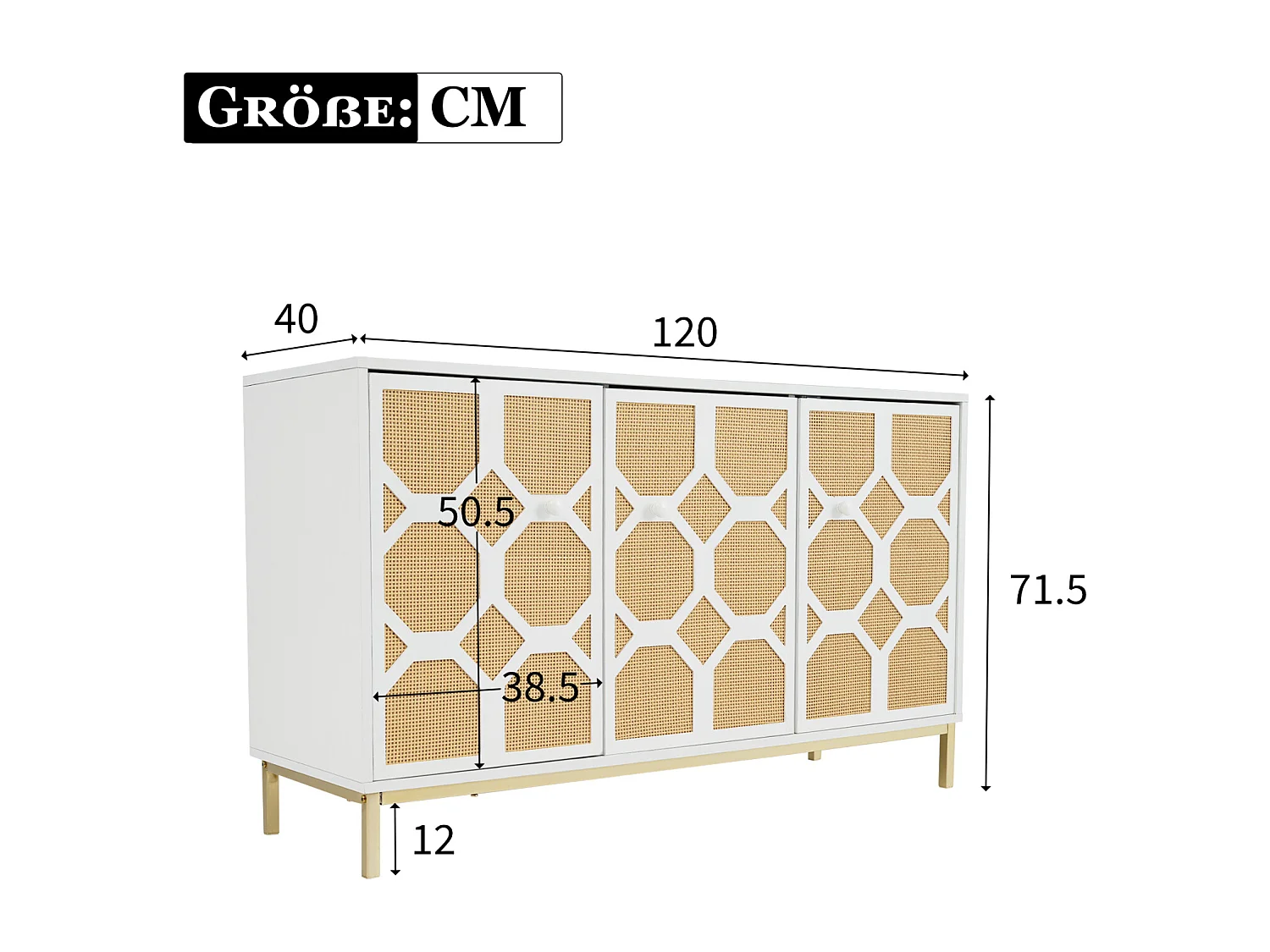 Dressoir 120x40x71,5cm, met 3 deuren, getextureerde rotan deur, inclusief verstelbare planken, gouden poten, wit