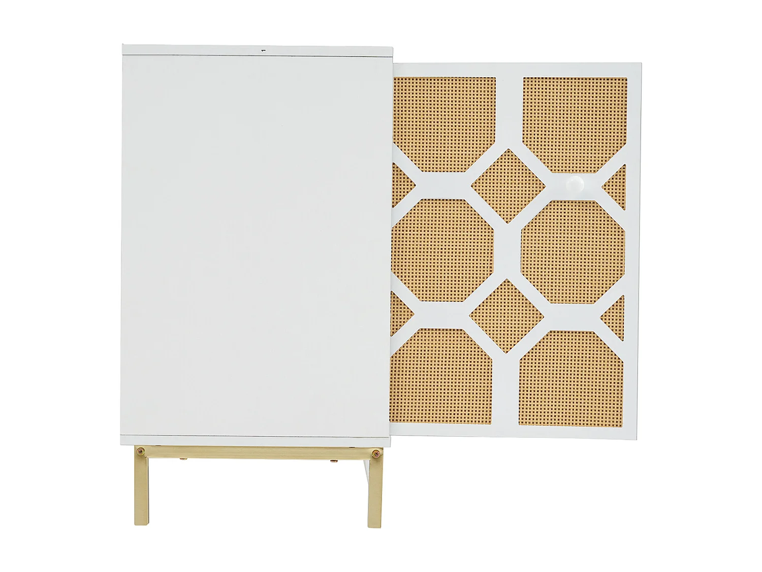 Dressoir 120x40x71,5cm, met 3 deuren, getextureerde rotan deur, inclusief verstelbare planken, gouden poten, wit