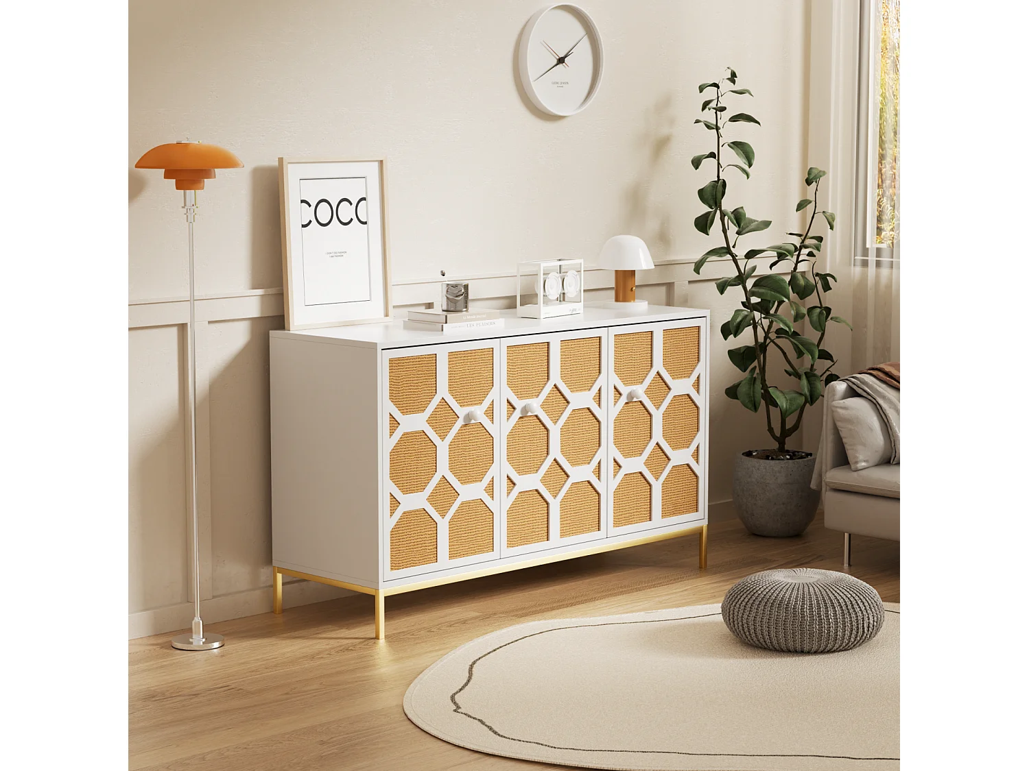 Dressoir 120x40x71,5cm, met 3 deuren, getextureerde rotan deur, inclusief verstelbare planken, gouden poten, wit